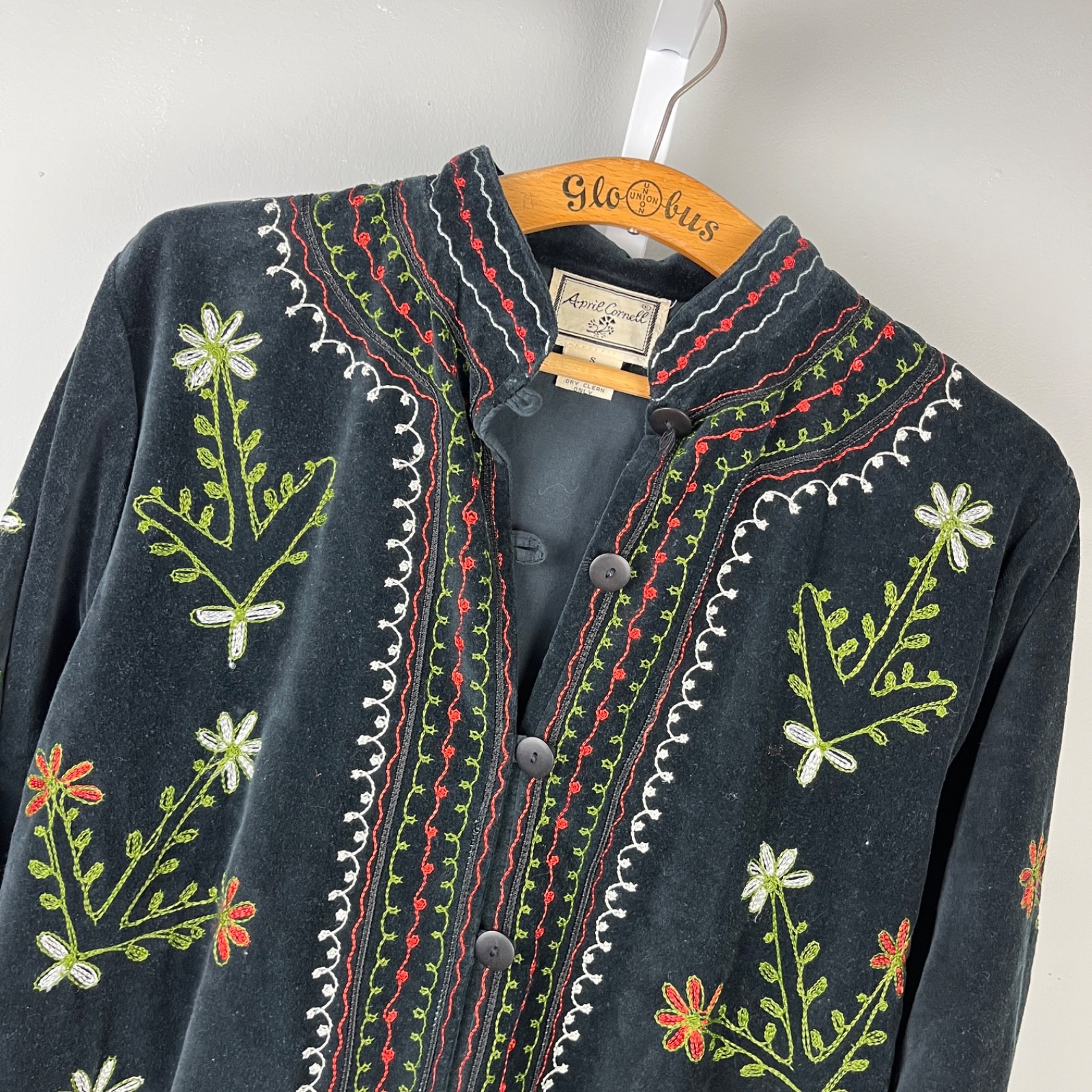 April Cornell Velvet Embroidered Jacket Womens S Black Red Green Floral Boho