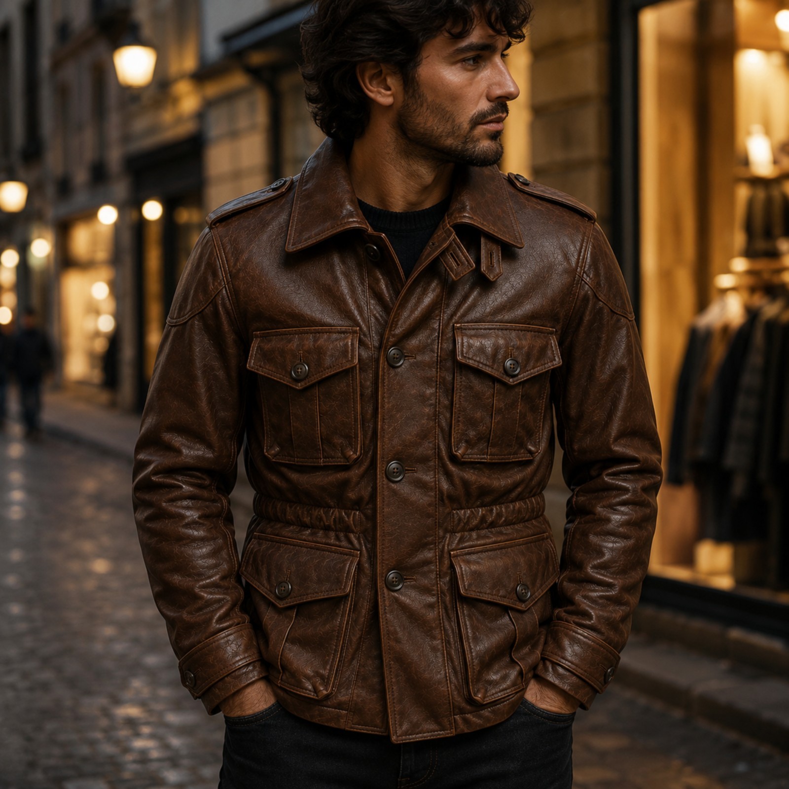 Men’s Brown Leather Field Jacket Genuine Handmade Military Safari Utility Coat