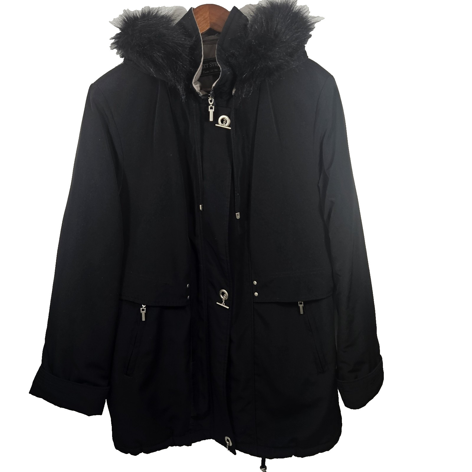 Fleet Street Faux Fur Hooded Coat Size M Black Removable Hood Machine Wash Flaw