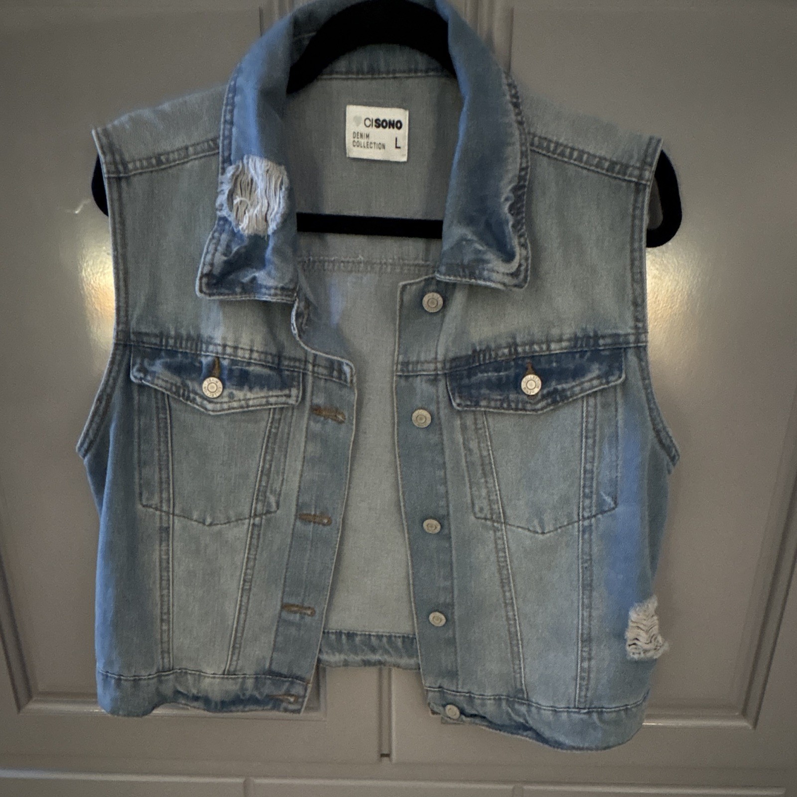 CI SONO Women’s Blue Distressed Sleeveless Denim Vest Collared Pockets L