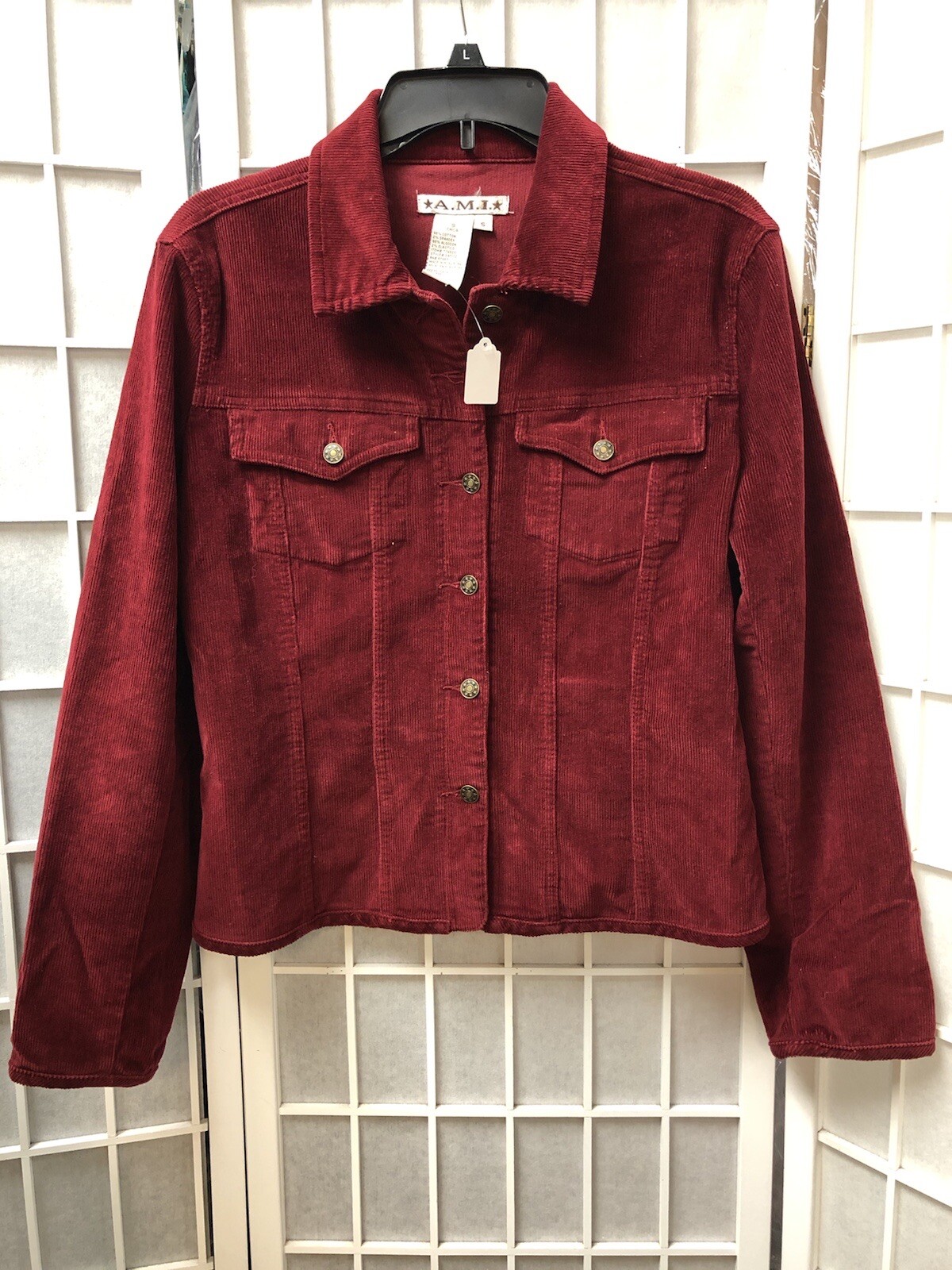 AMI, Woman’s, Jacket, Red, Corduroy, Buttons Up, 2 External Pockets, Size S.: