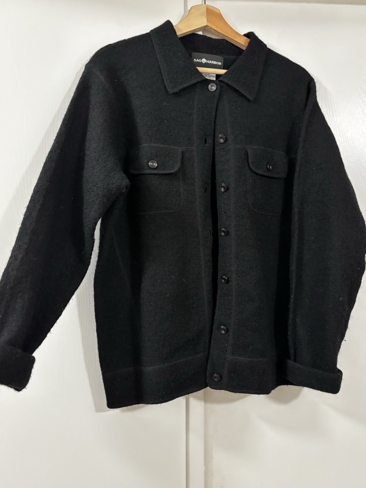 Sag Harbor Women’s Black Button Down 100% Wool Jacket Front Pockets Size Large