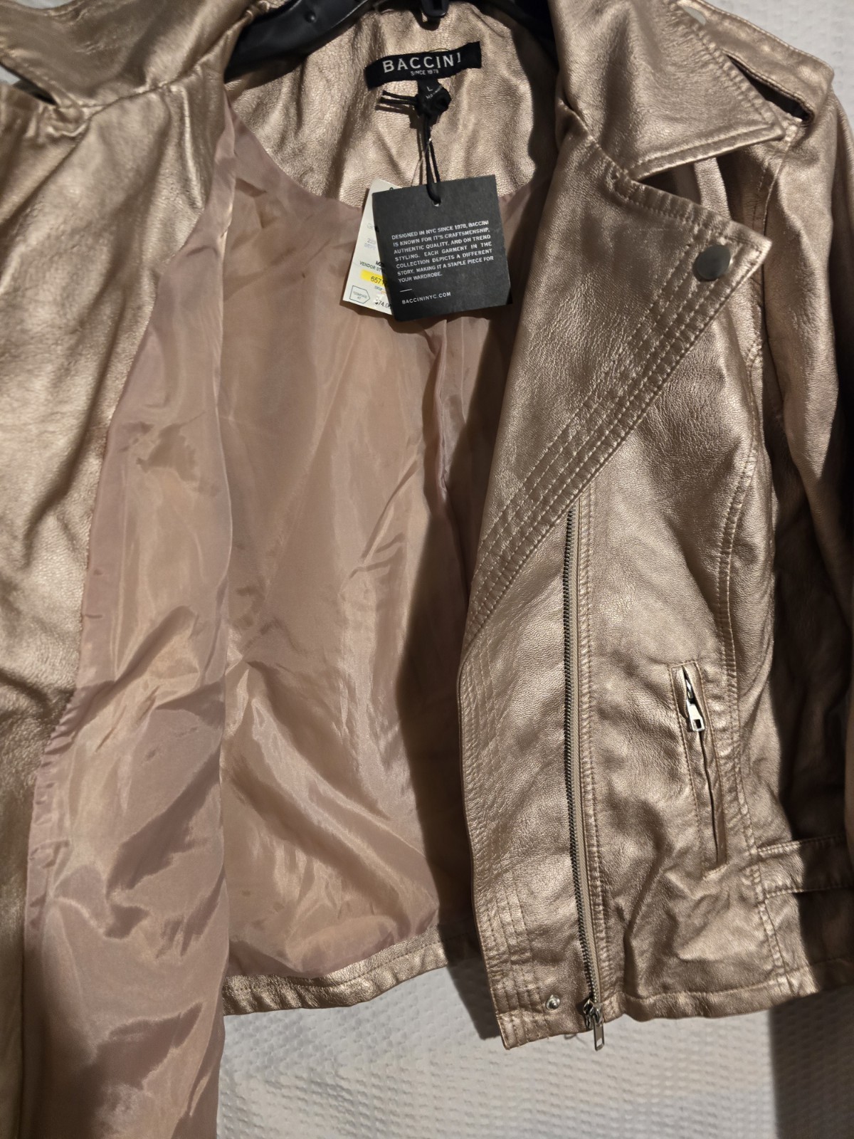 NWT Bacinni Womens Bomber Moto Jacket Faux leather Size L Champagne