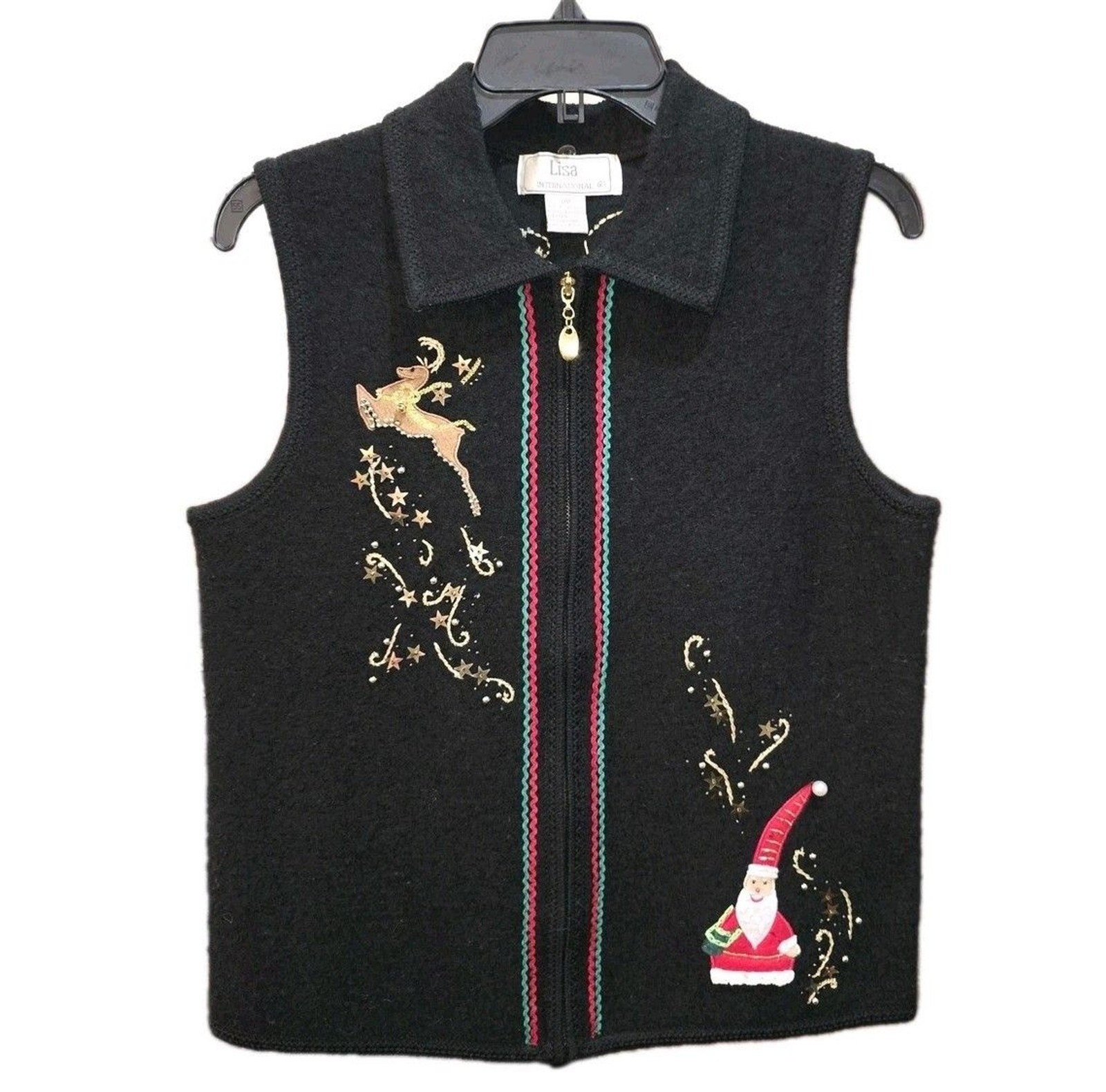 LISA INTERNATIONAL Sz M 100% Boiled Wool Full Zip Santa Reindeer Christmas Vest