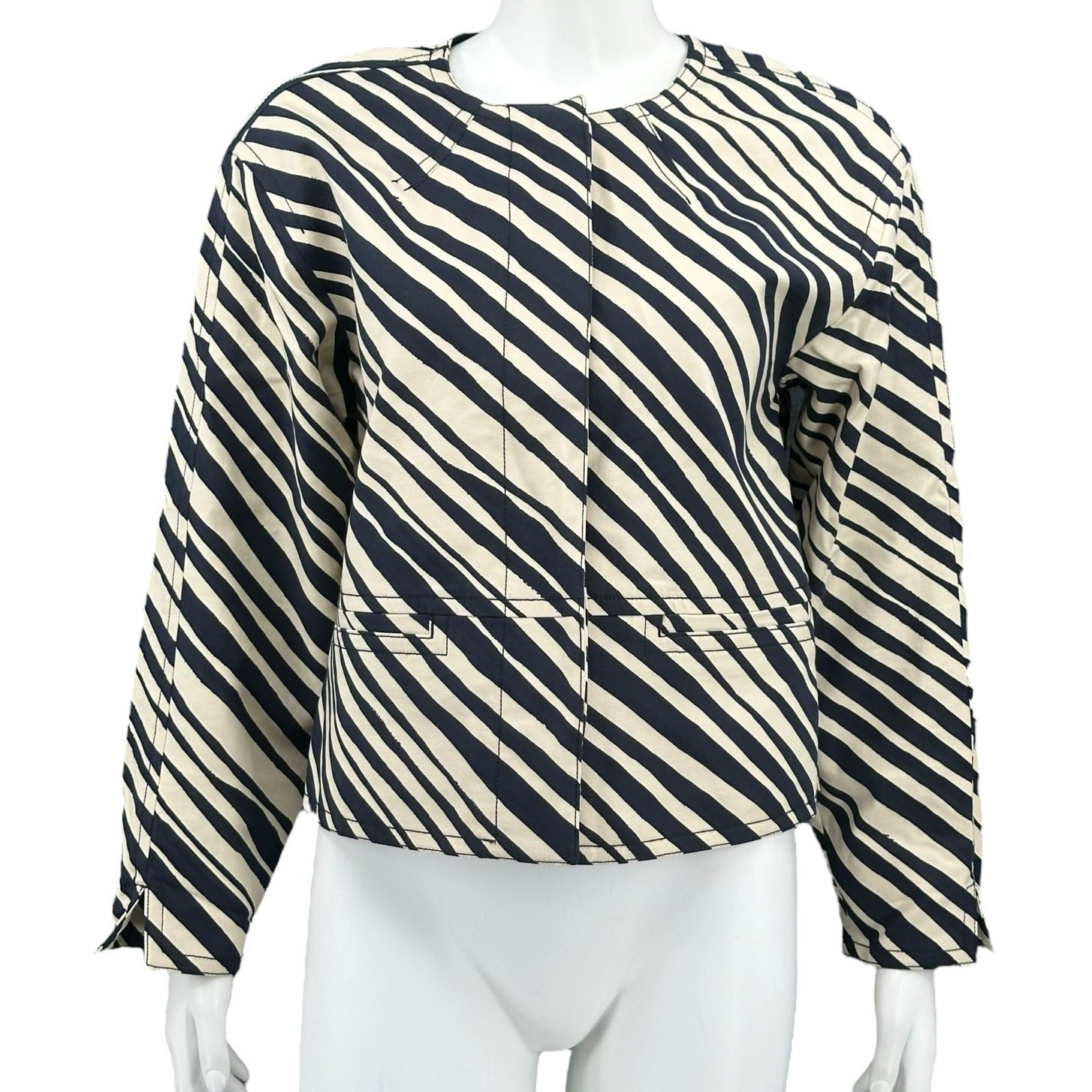 Ann Taylor Jacket Womens Small Cream Navy Zebra Stripe Cocoon Blazer Crop Work