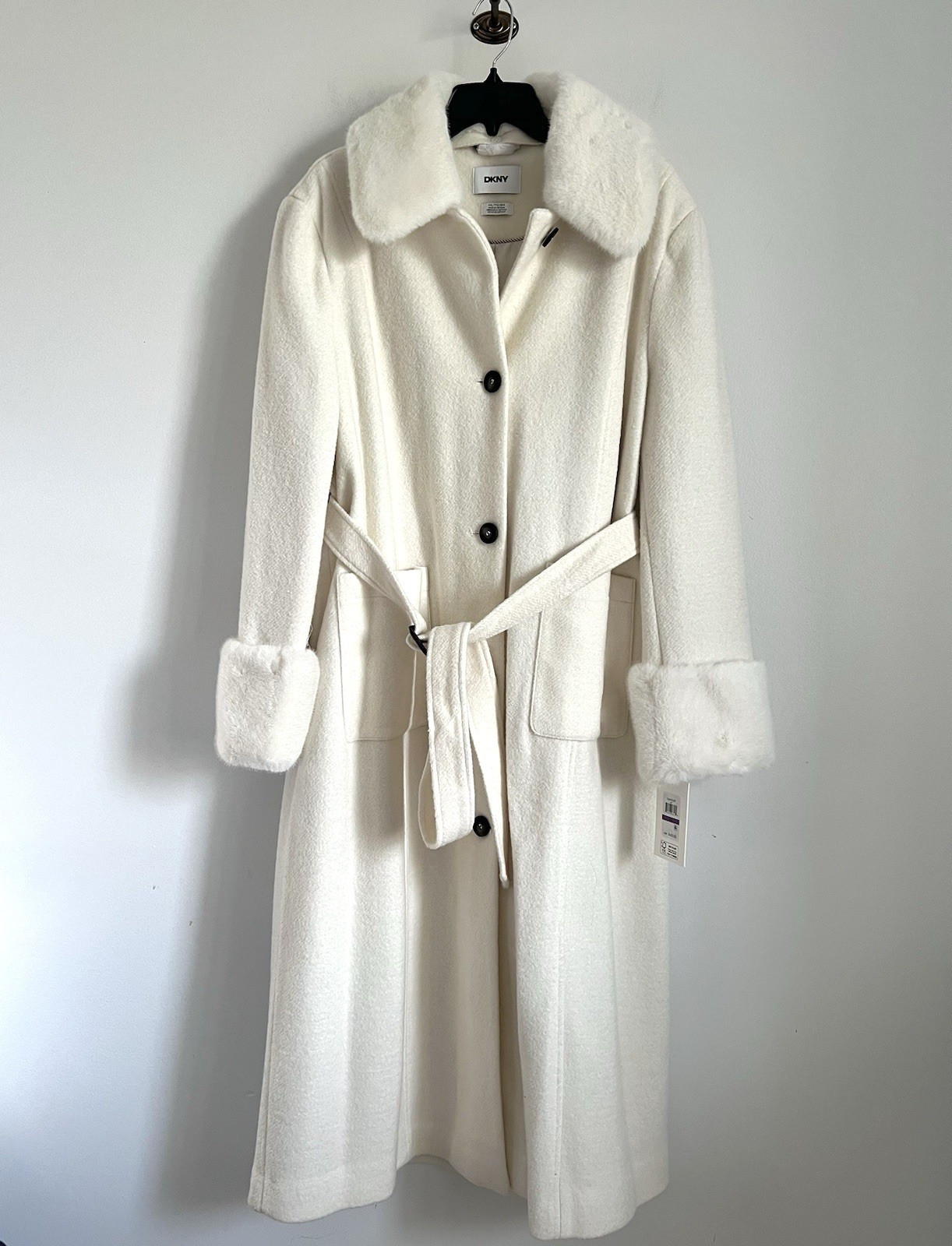 $450 Dkny Faux Fur Trim Single Breasted Belted Coat Size XXL In Pearl White