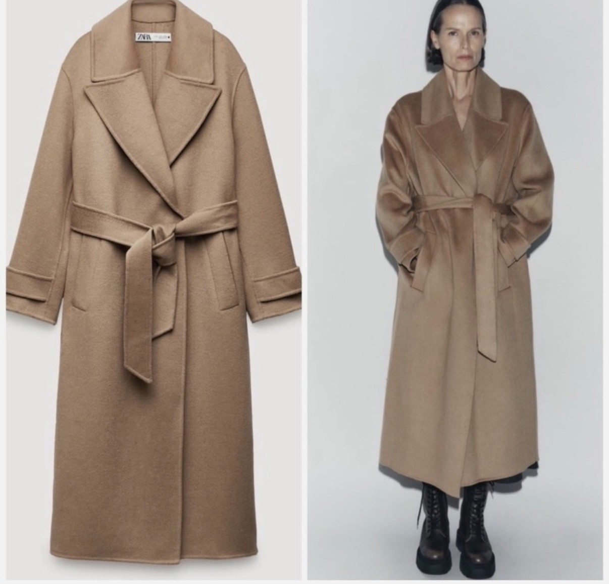Zara Double Faced Wool Blend Coat Size S Camel Long Belted Fall Jacket