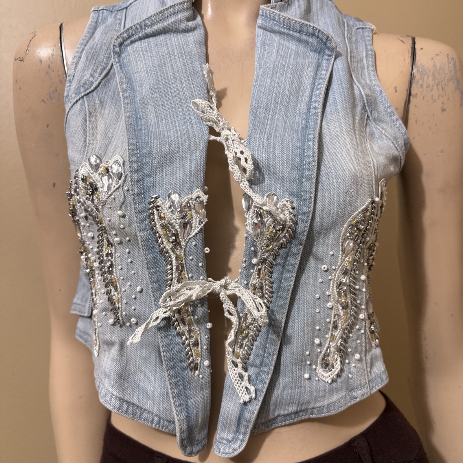 Women’s Sky Blue Cotton Denim Casual Boho Stretch Slim Beaded Tied Size S Vest