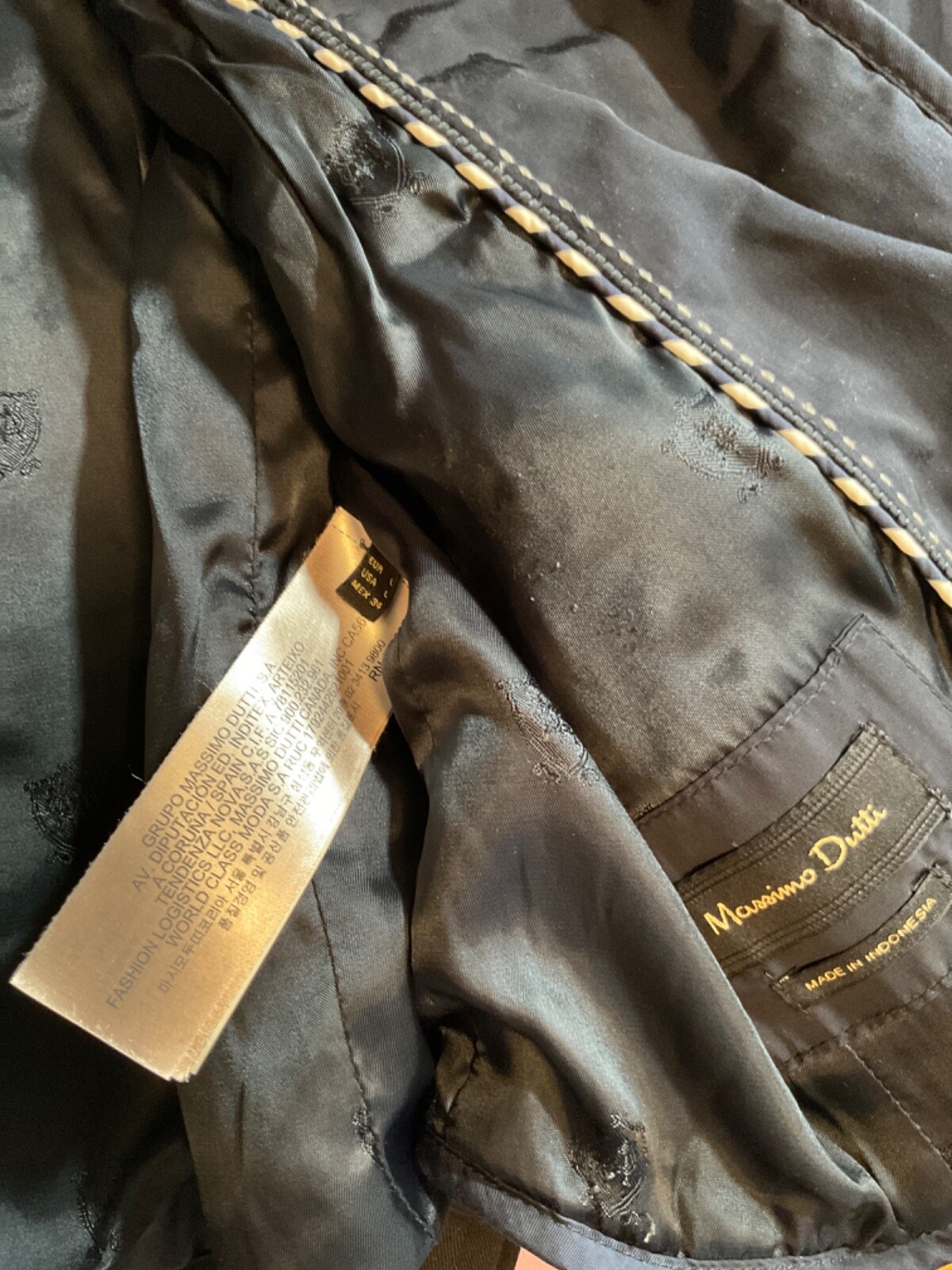Massimo Dutti Dark Navy Blue Quilted Jacket Leather Trim Sz L