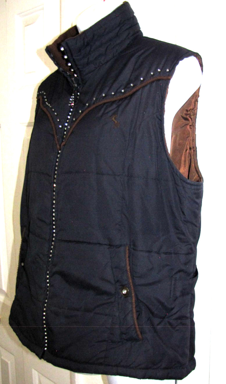 Cowgirl Up Navy Blue/Brown Puffer Vest Rhinestoned-Zipper Western Women’s XL
