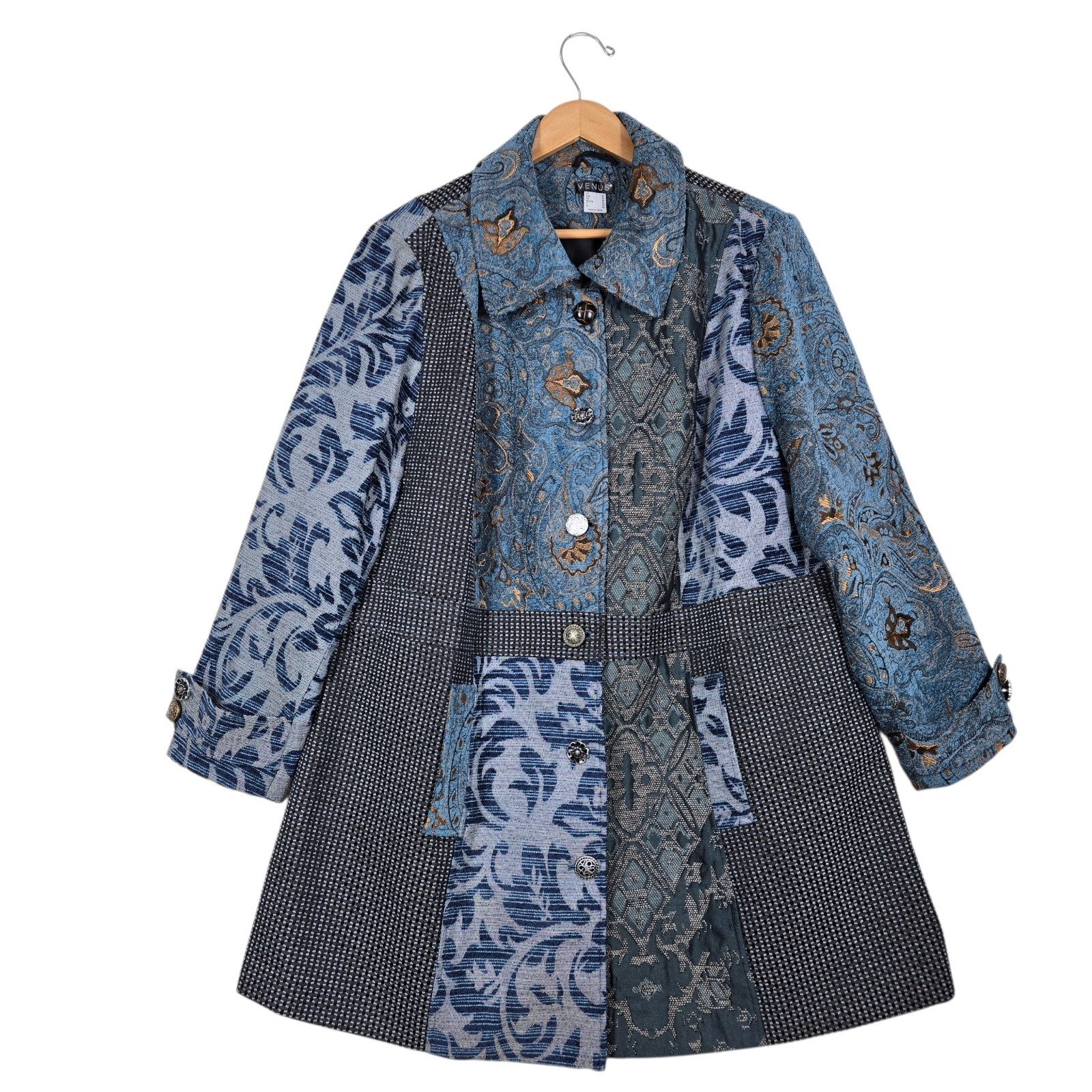 VENUS Wearable Art Jacket 22 Blue Patchwork Tapestry Jacquard Swing Coat