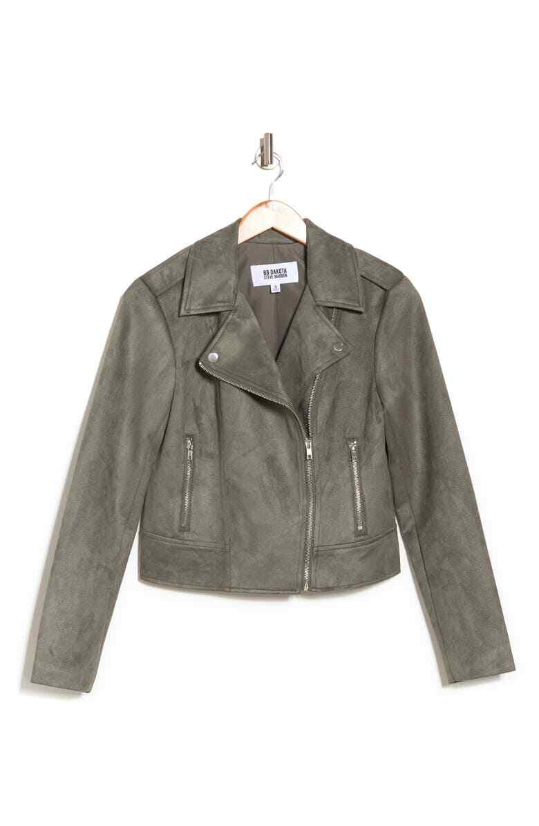 NWT $99 BB DAKOTA BY STEVE MADDEN Women L VEGAN Faux Suede Moto Jacket in Green