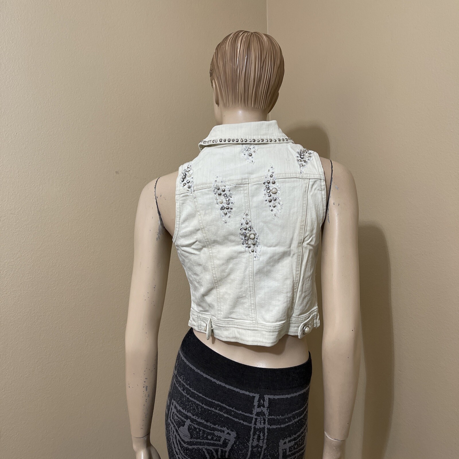 Women’s White Cotton Denim Casual Summer Stretch Slim Beaded Glitter Size M Vest
