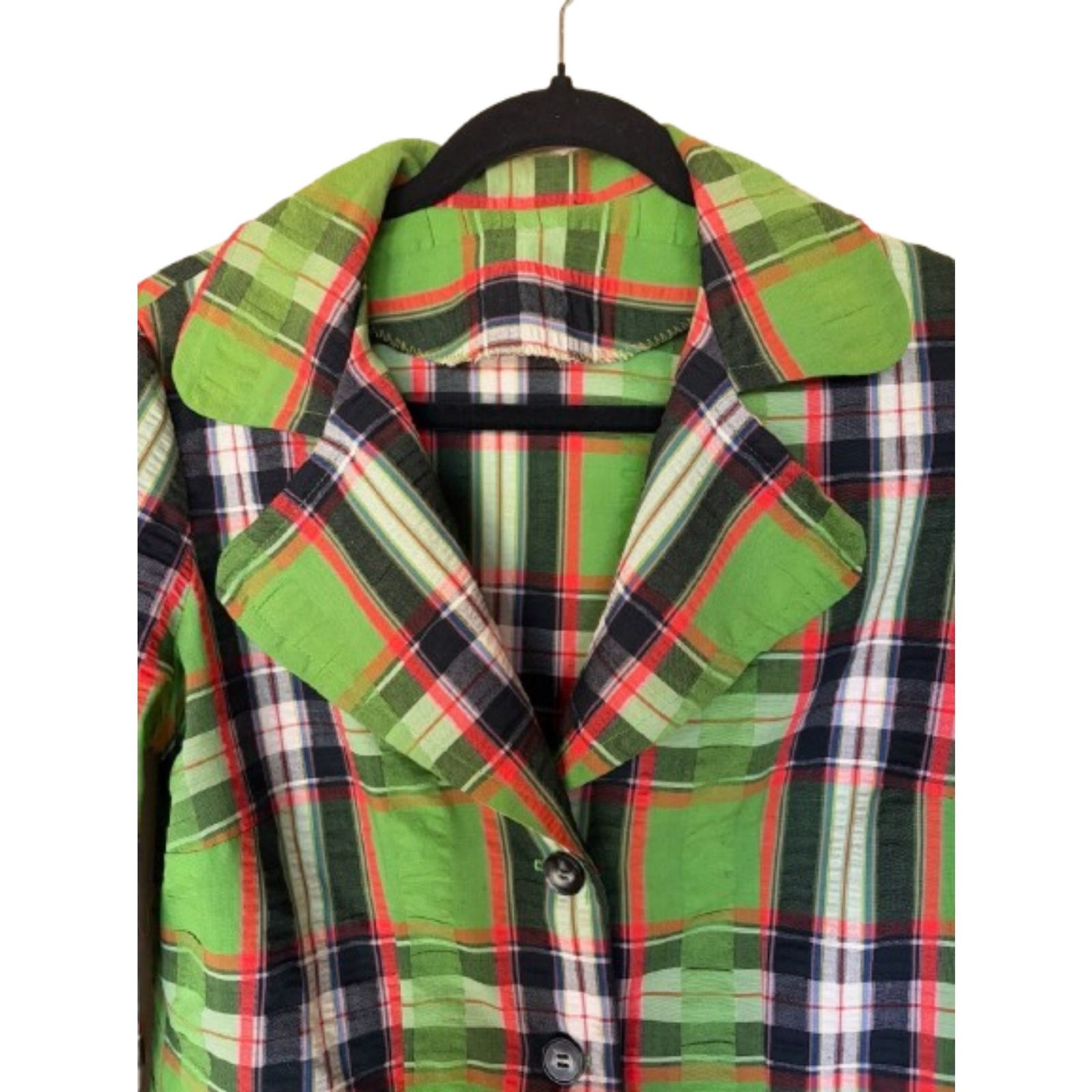 Vintage 70s Tailor-Made Handmade Green Plaid Seersucker Blazer Jacket Womens 6/8
