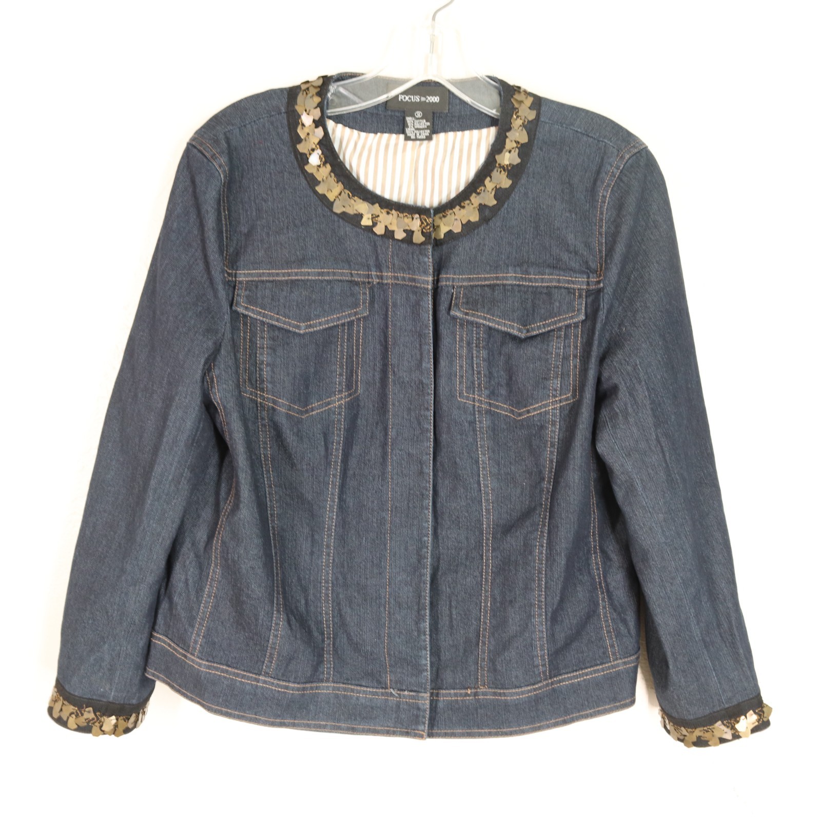 Focus 2000 Denim Jacket Women 12 Faded Blue Denim Lined Metal Collar Cuff