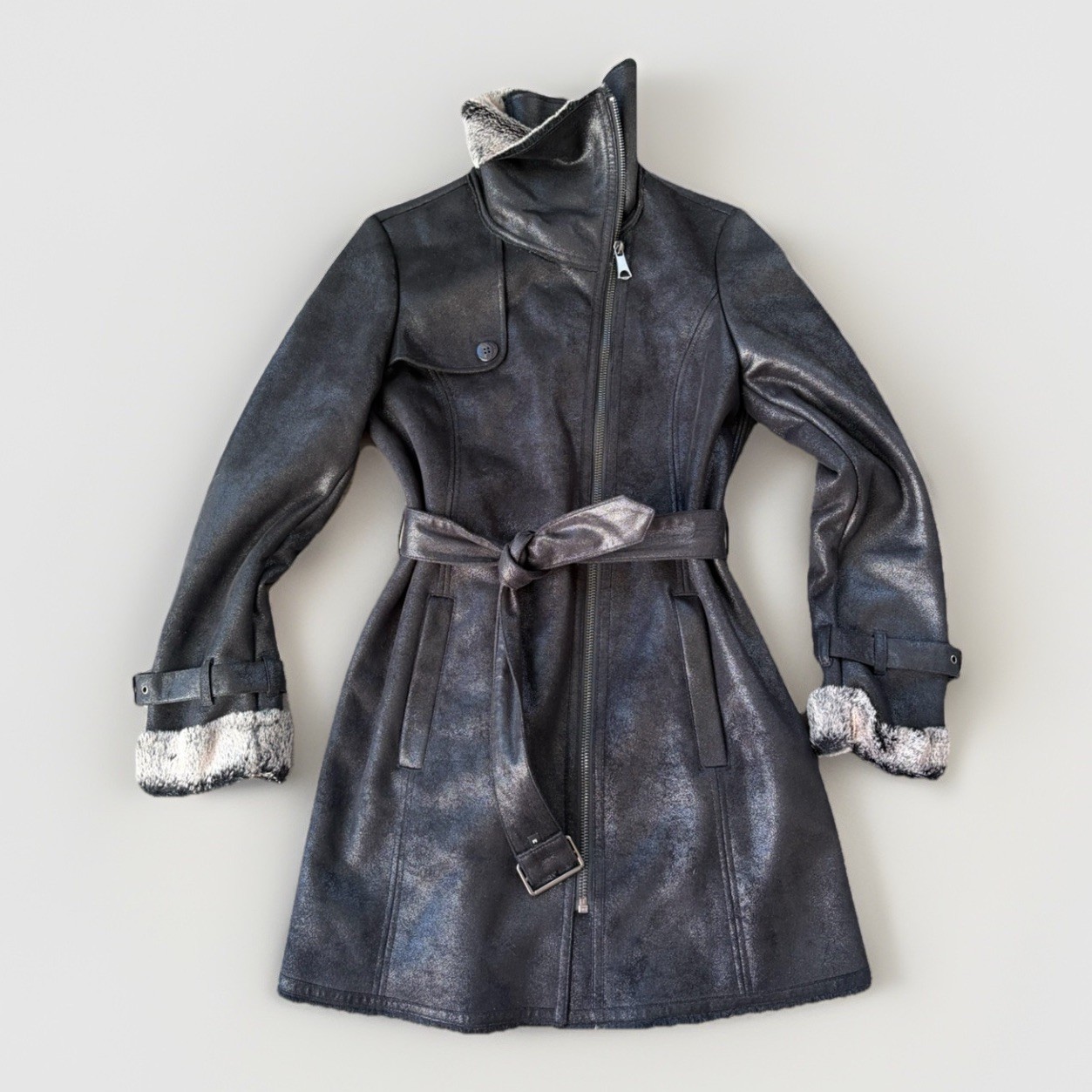 Marc New York Brave Heart Belted Faux Shearling Coat Size M Black