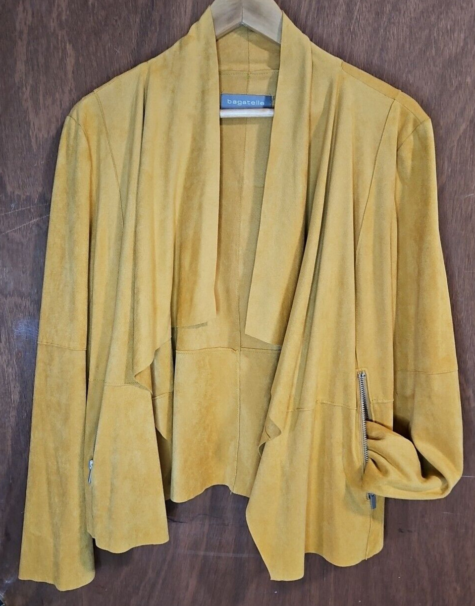 BAGATELLE Open Front Wrap Faux Suede MOTO Jacket Gold Yellow Mustard Sz W/LG EUC