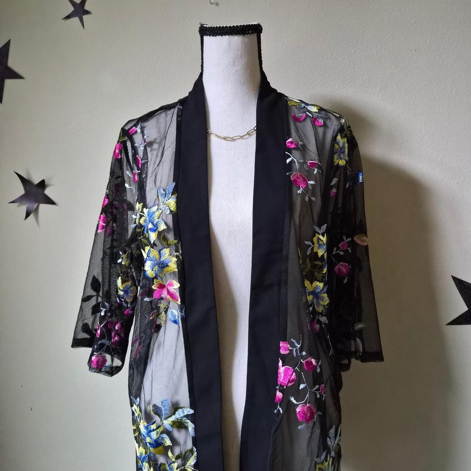 NY Collections Floral Embroidered Kimono Sheer Mesh Boho Fairy Maximalist NWT S