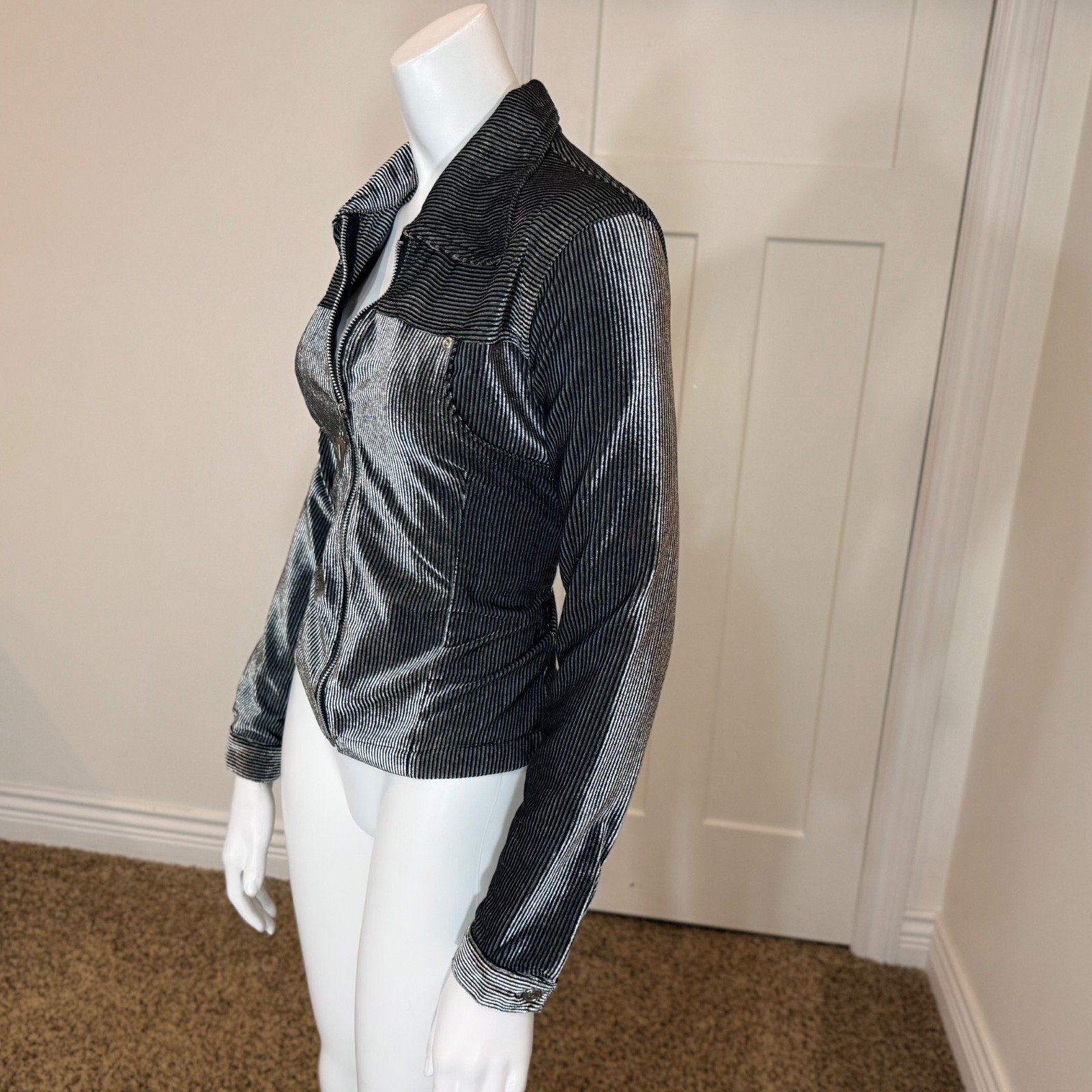 Vintage 90’s STRIPED VELVET SHIRT JACKET S Y2K Zipper Collar Pockets Rave Grunge