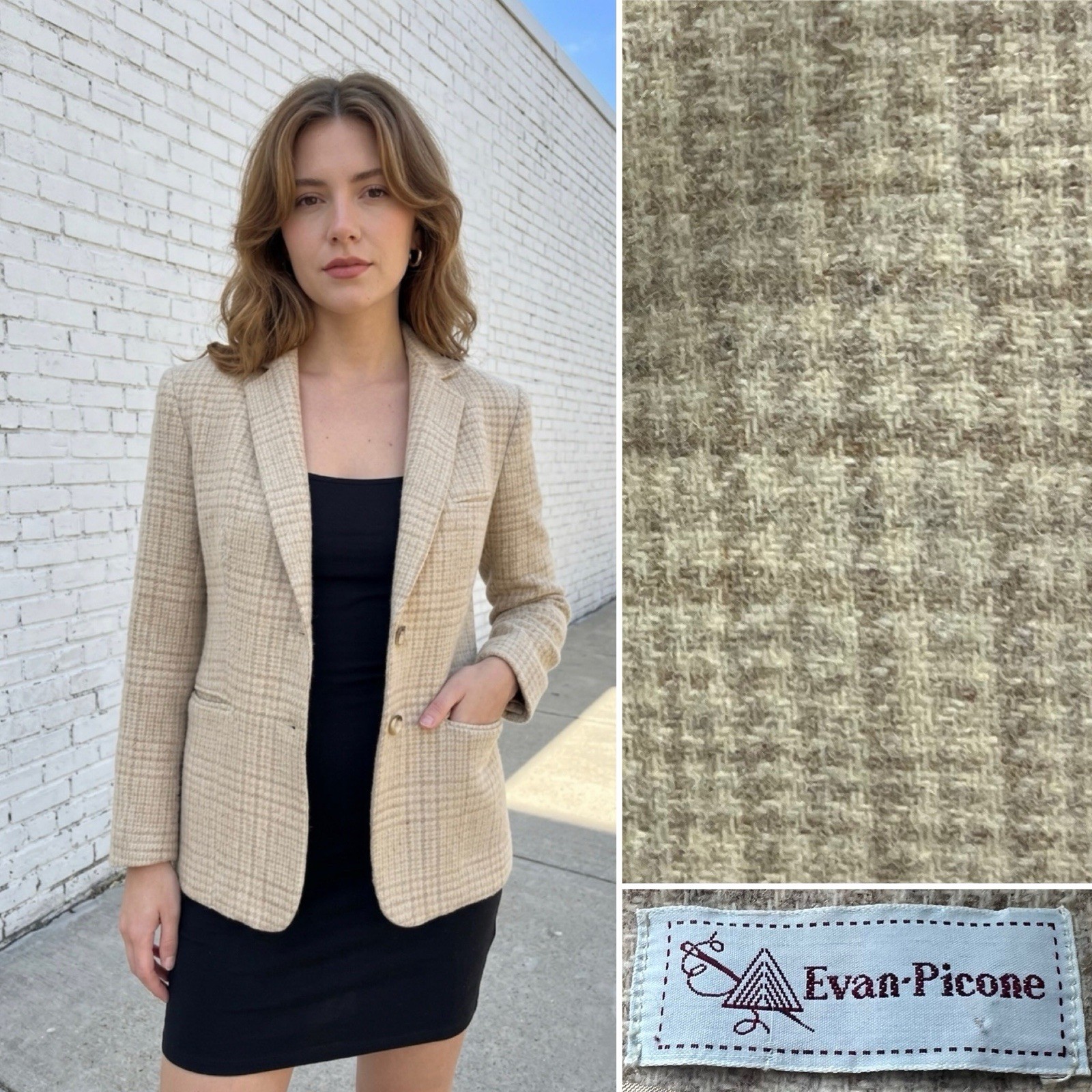 Vintage Evan Picone Women’s Small Cream Beige Plaid Tweed Wool Blazer Jacket