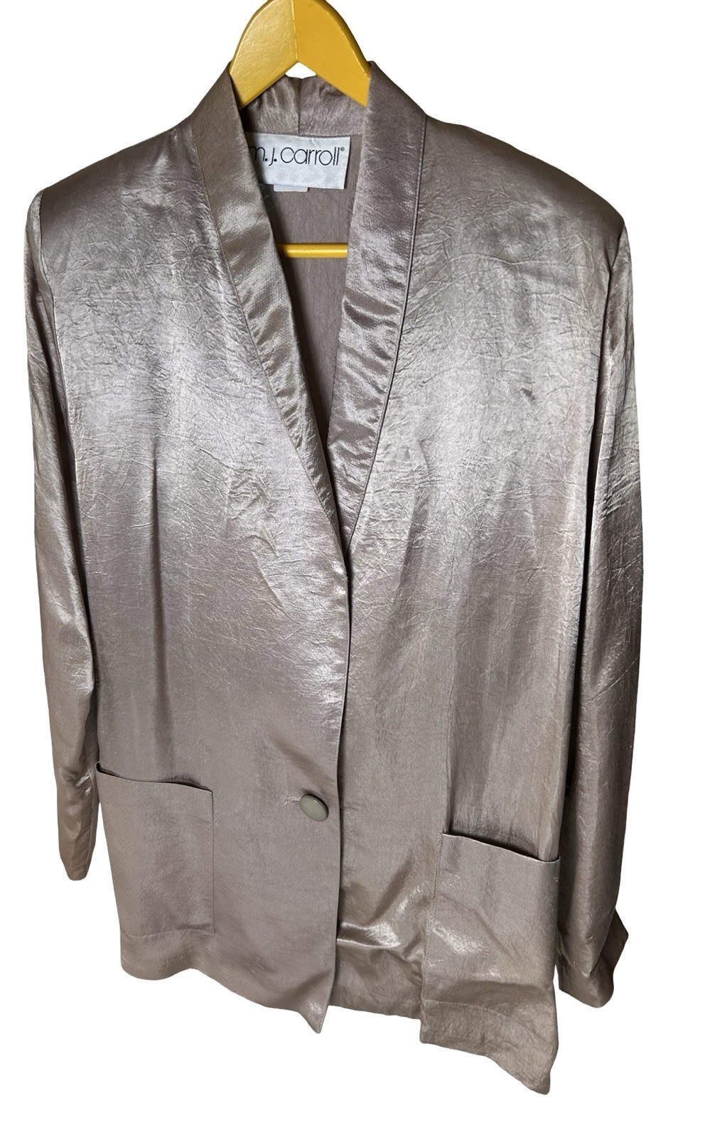 VTG MJ Caroll Longline Metallic Rosegold Satin Blazer Jacket Size M Long Sleeve