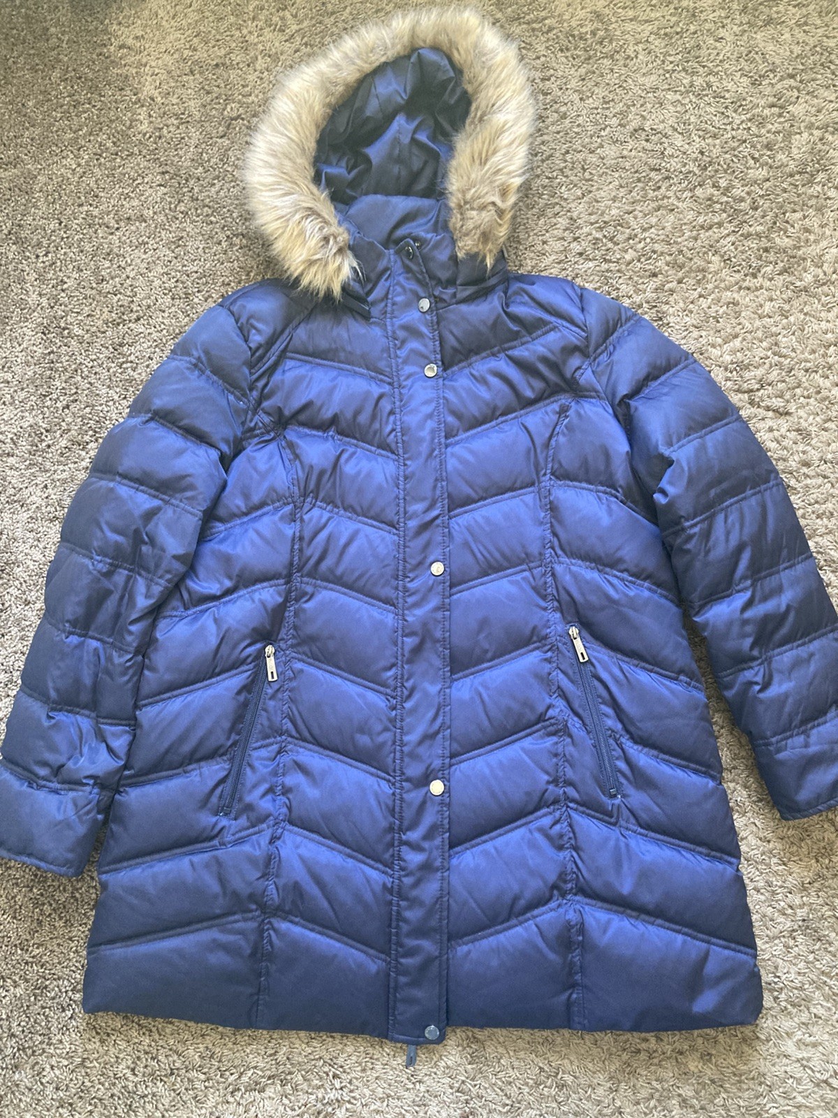 Kenneth Cole Reaction Women’s Puffer Coat XXL Navy Faux Fur Hood Duck Down Fill