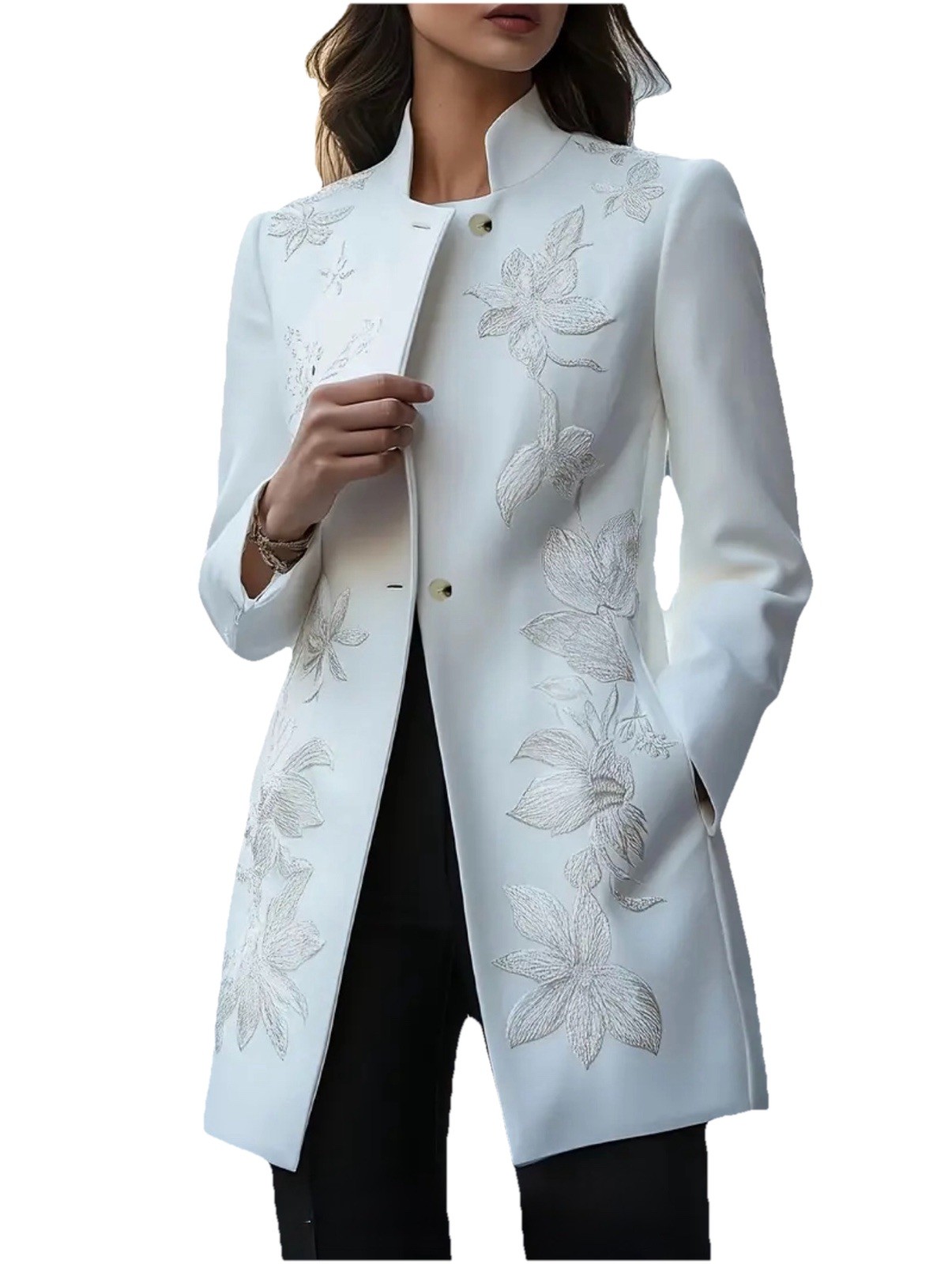 White Embroidered Floral Lined Coat Jacket Size 14