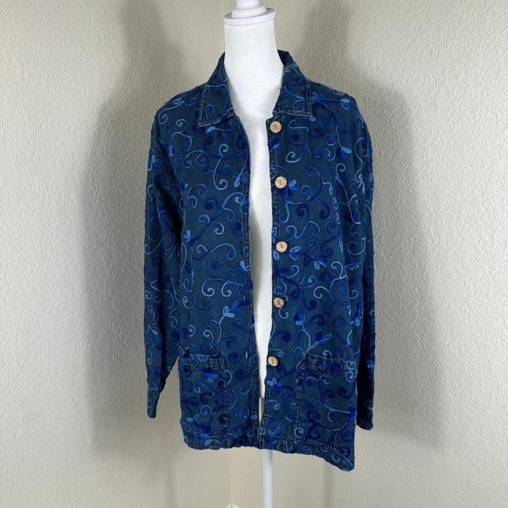 April Cornell Denim Jacket Women L Blue Embroidered Cotton Boho Cottagecore Art