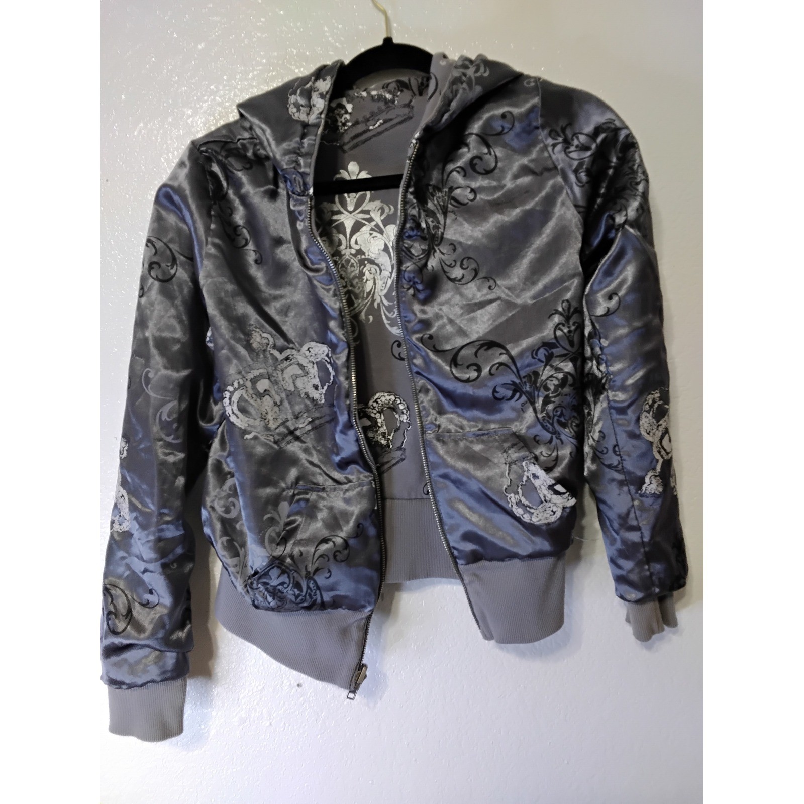 Reversible Satin Graphic Hoodie Silver Grey Crown Filigree Zip Up Jacket