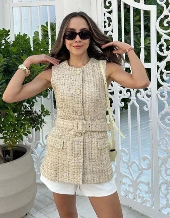 NWT ZARA Structured Belted Vest w/ Shoulder Pads Ecru/beige 9208/956 Sz S, M