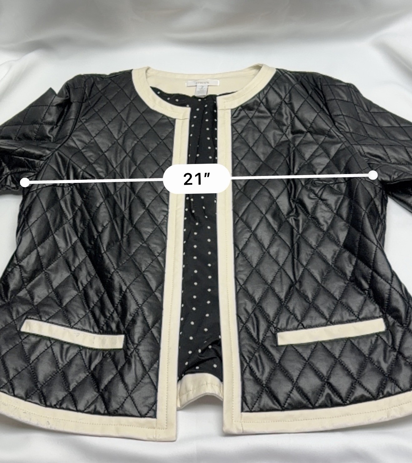 Chico’s Quilted Jacket Size 2 Black Faux Leather Trim Open Front Polka Dot