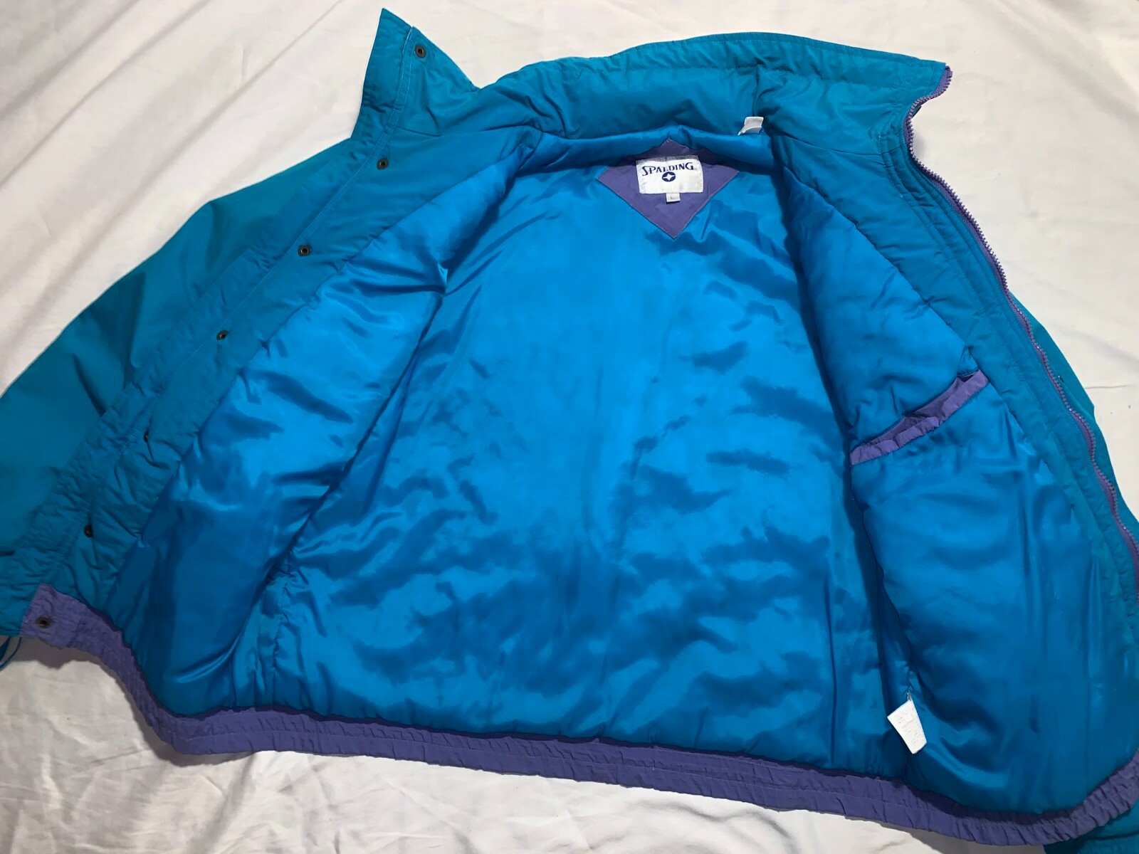 VINTAGE RETRO WOMENS SPALDING SPORT BLUE AND PURPLE WINTER COAT WITH HOOD LARGE