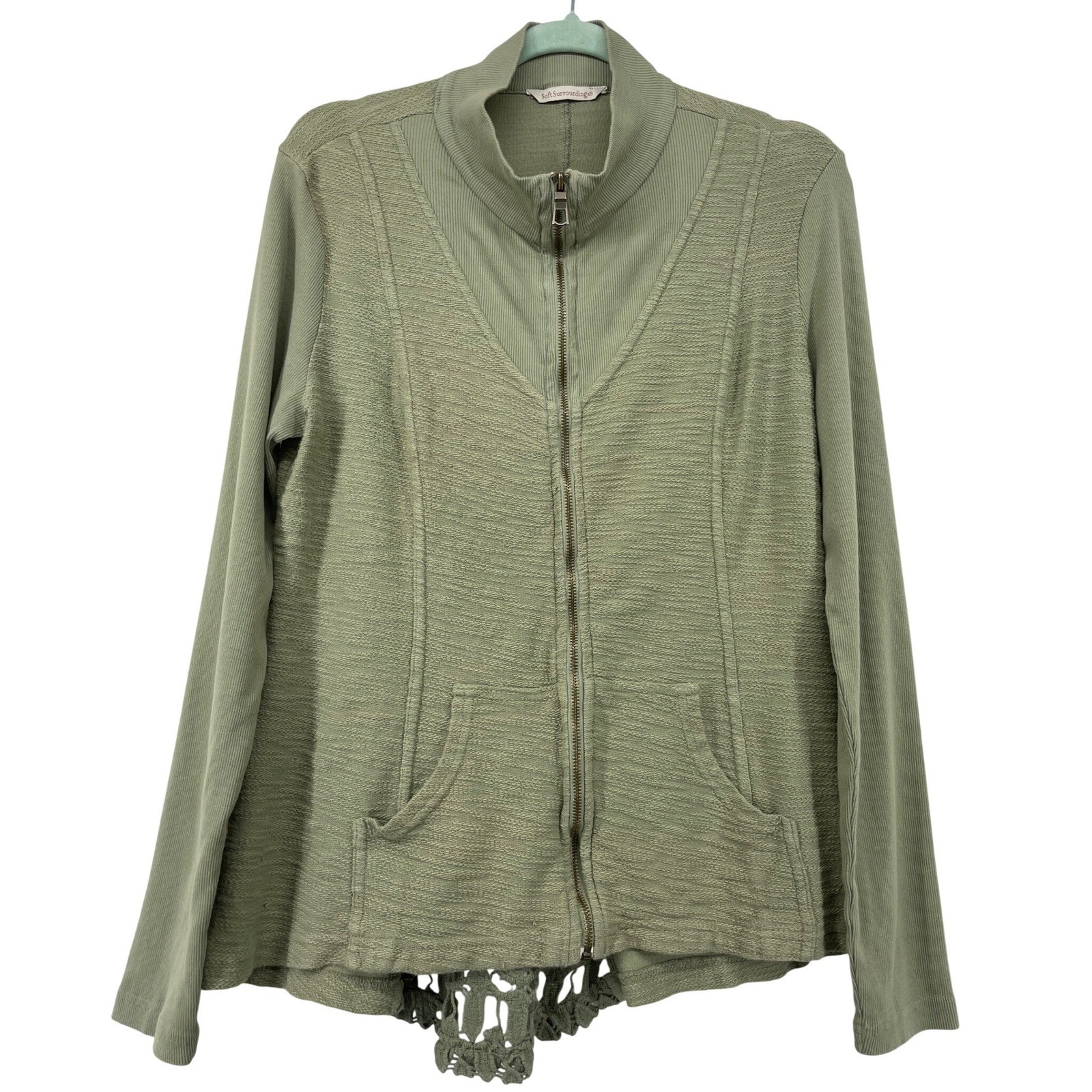 Soft Surroundings Size Medium Zip Front Jacket Sage Green Crochet Lace Back