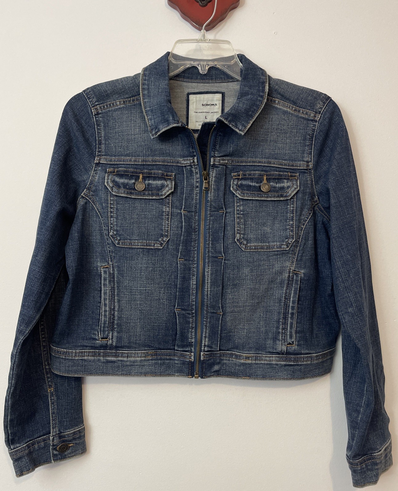 Sonoma Womens Large Blue Zip-Up Collared Denim Everyday Stretchy Jacket! M553