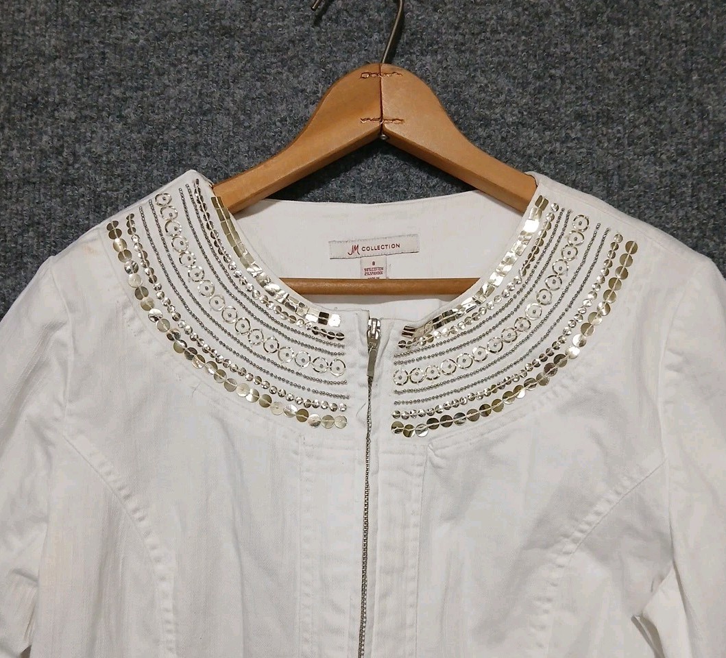 JM Collection Women White Jacket Sz 8 Long Sleeve Stretch lightweight Bling Zip