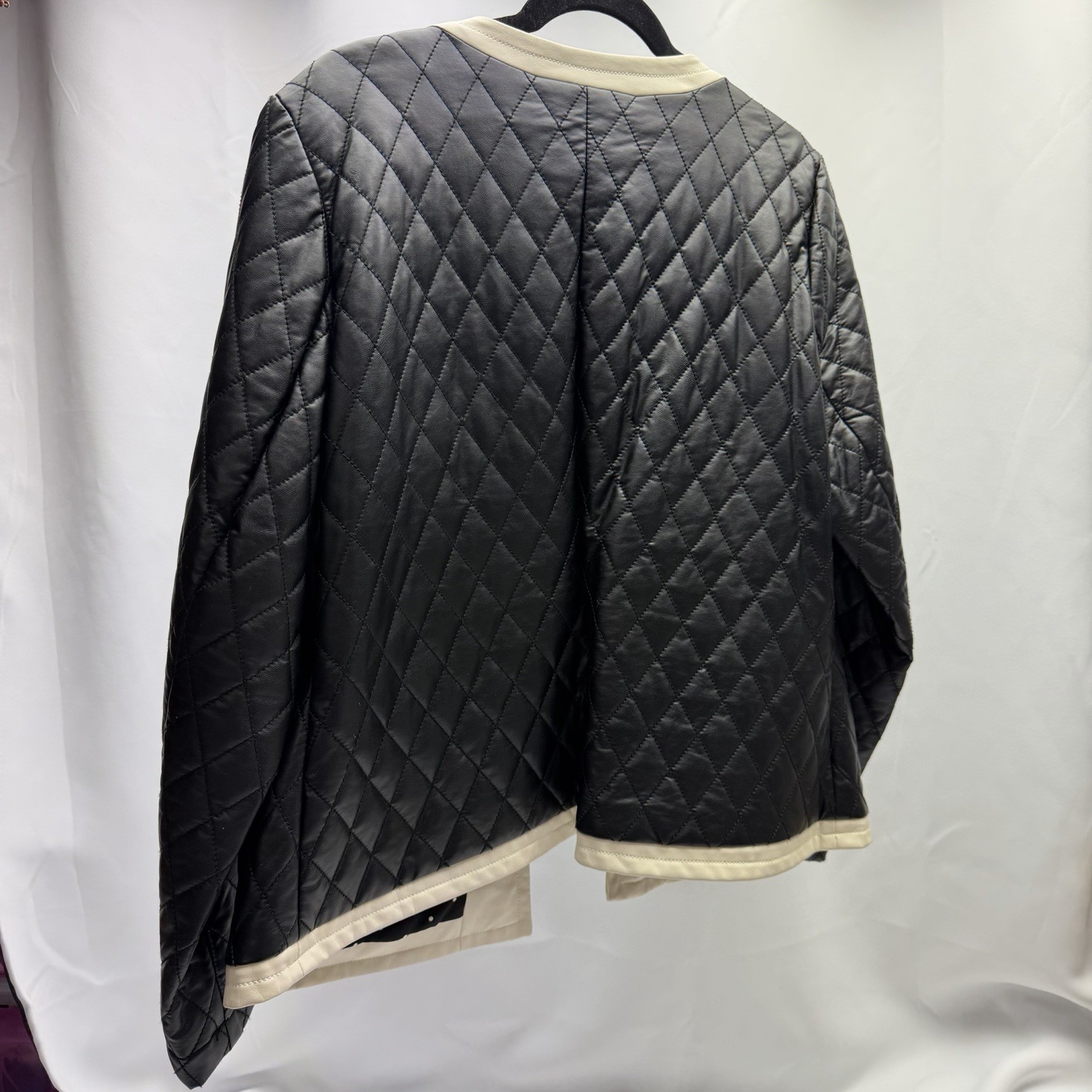 Chico’s Quilted Jacket Size 2 Black Faux Leather Trim Open Front Polka Dot