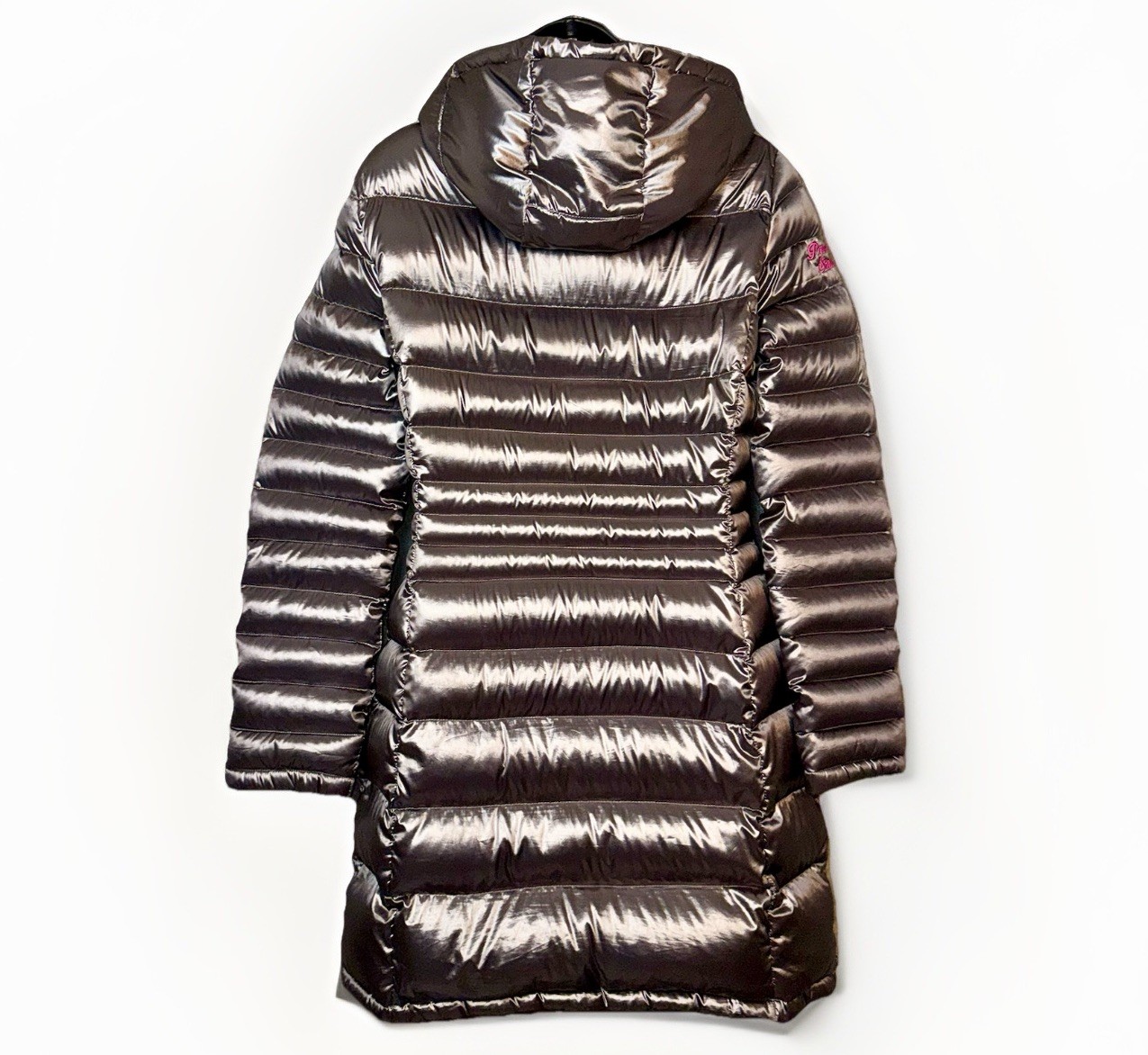 Andrew Marc SM Premium Down Quilted Puffer Silver Gray Hooded Long Metal Jacket