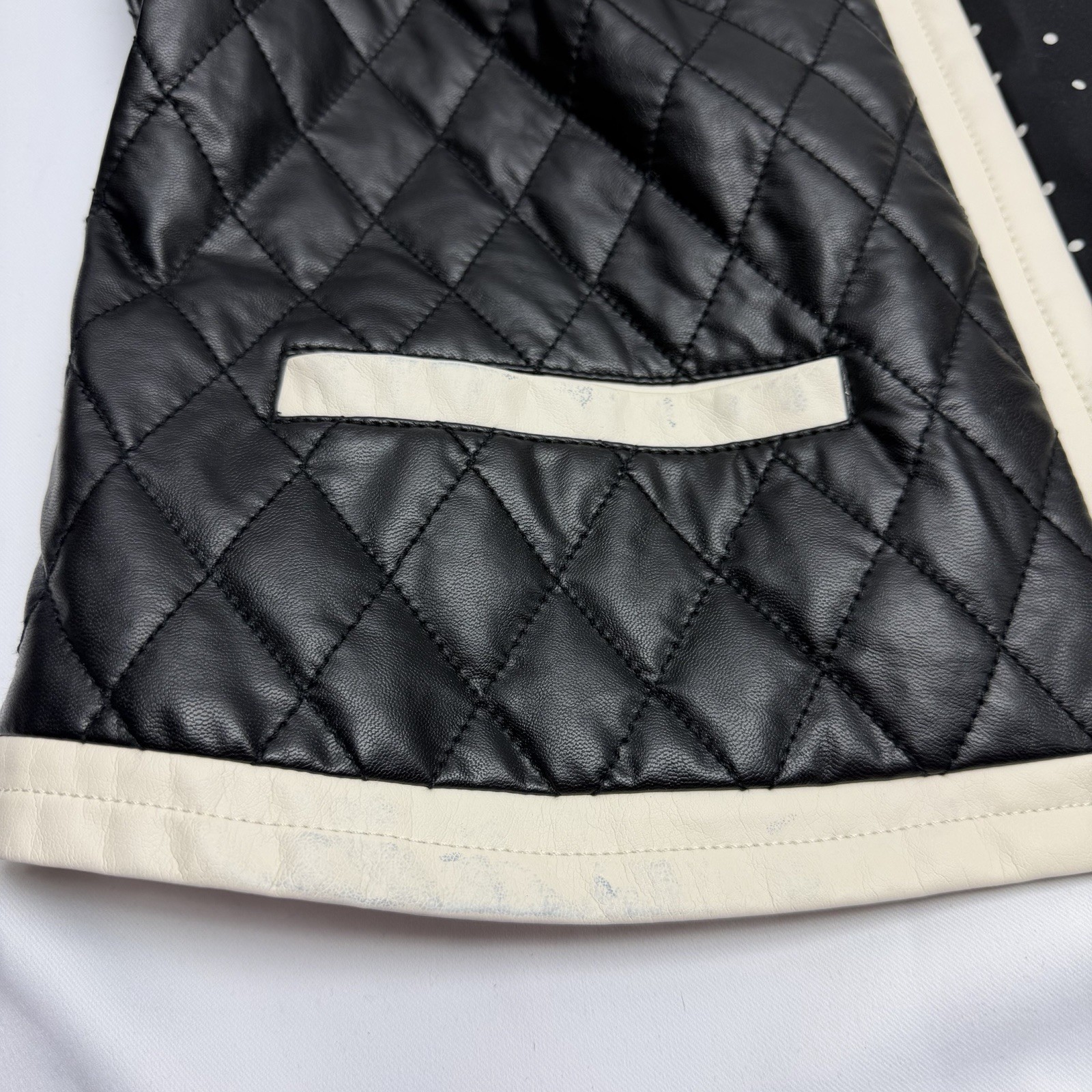 Chico’s Quilted Jacket Size 2 Black Faux Leather Trim Open Front Polka Dot