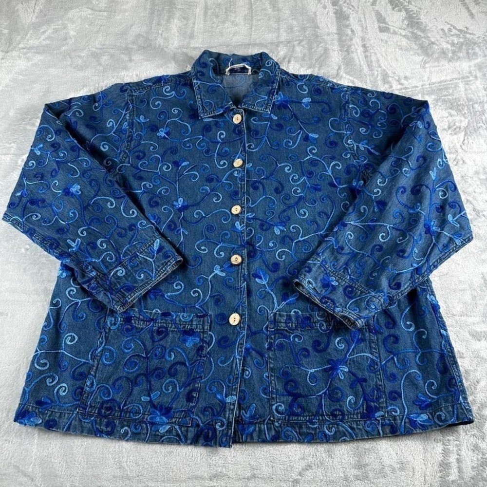 April Cornell Denim Jacket Women L Blue Embroidered Cotton Boho Cottagecore Art