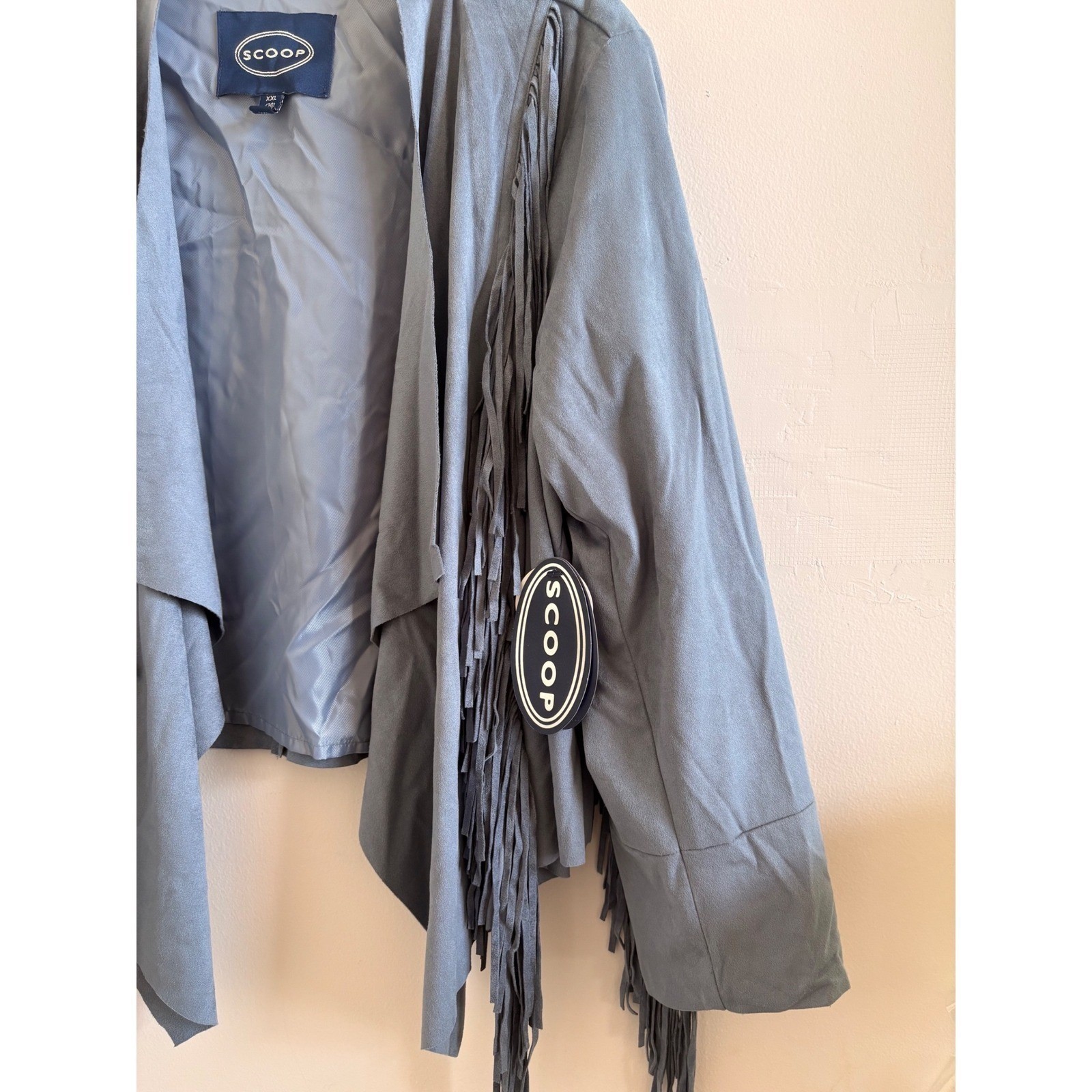 Scoop Womens Faux Suede Fringe Drape Jacket Blue XXL Vegan Boho Western