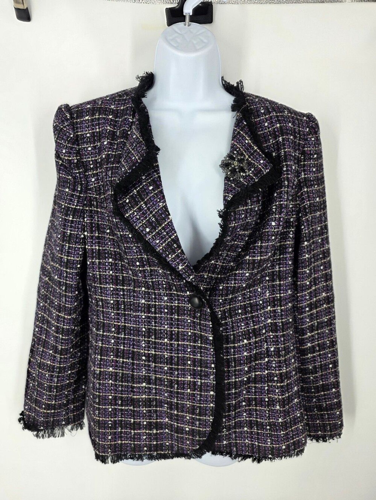 Preston & York Purple Tweed Fringe Blazer Metallic Brooch Accent Size 12 Plaid