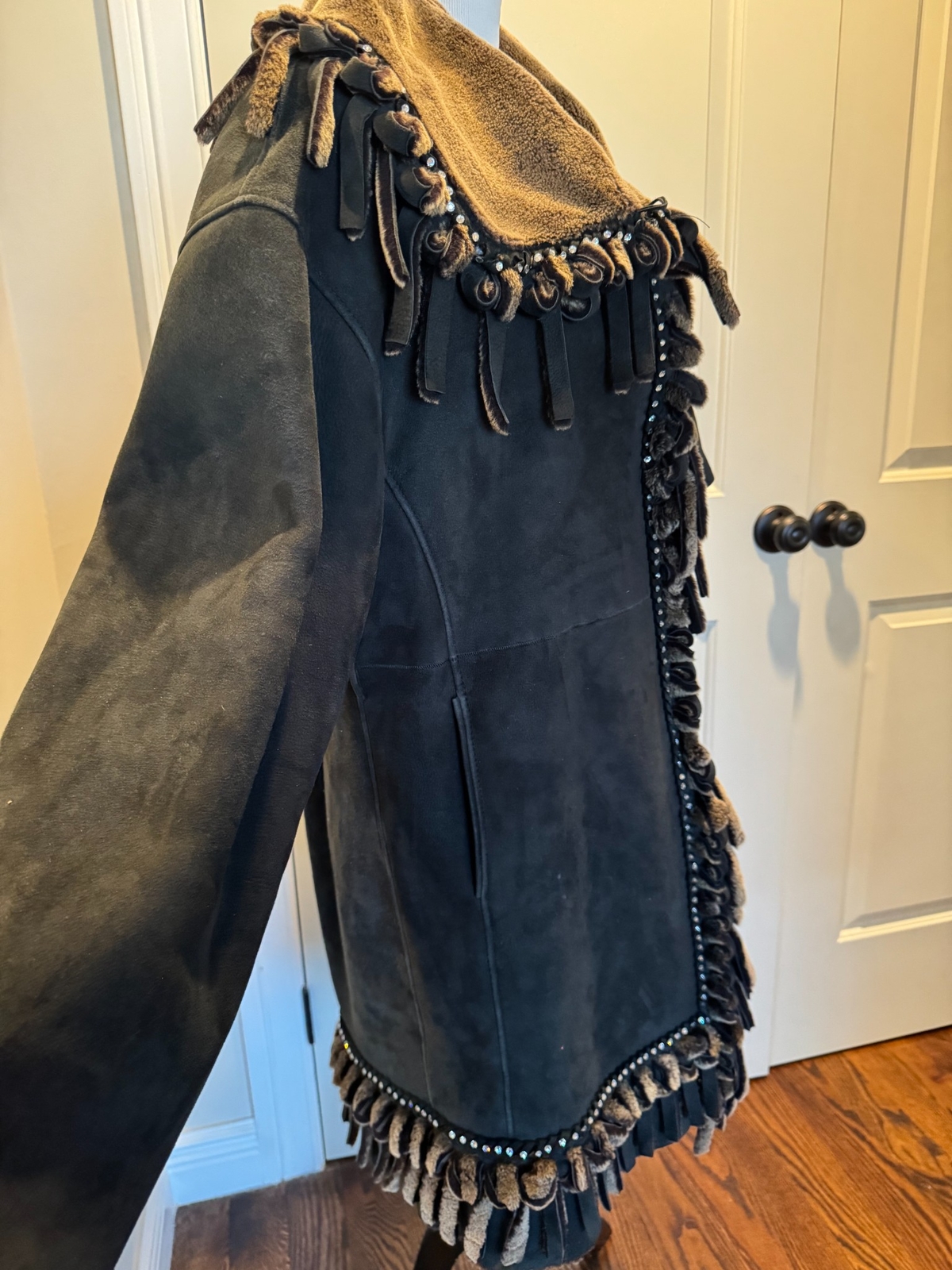 Sinclair Charcoal Gray Suede Shearling Coat Fringes SZ IT 44/US 10 EUC