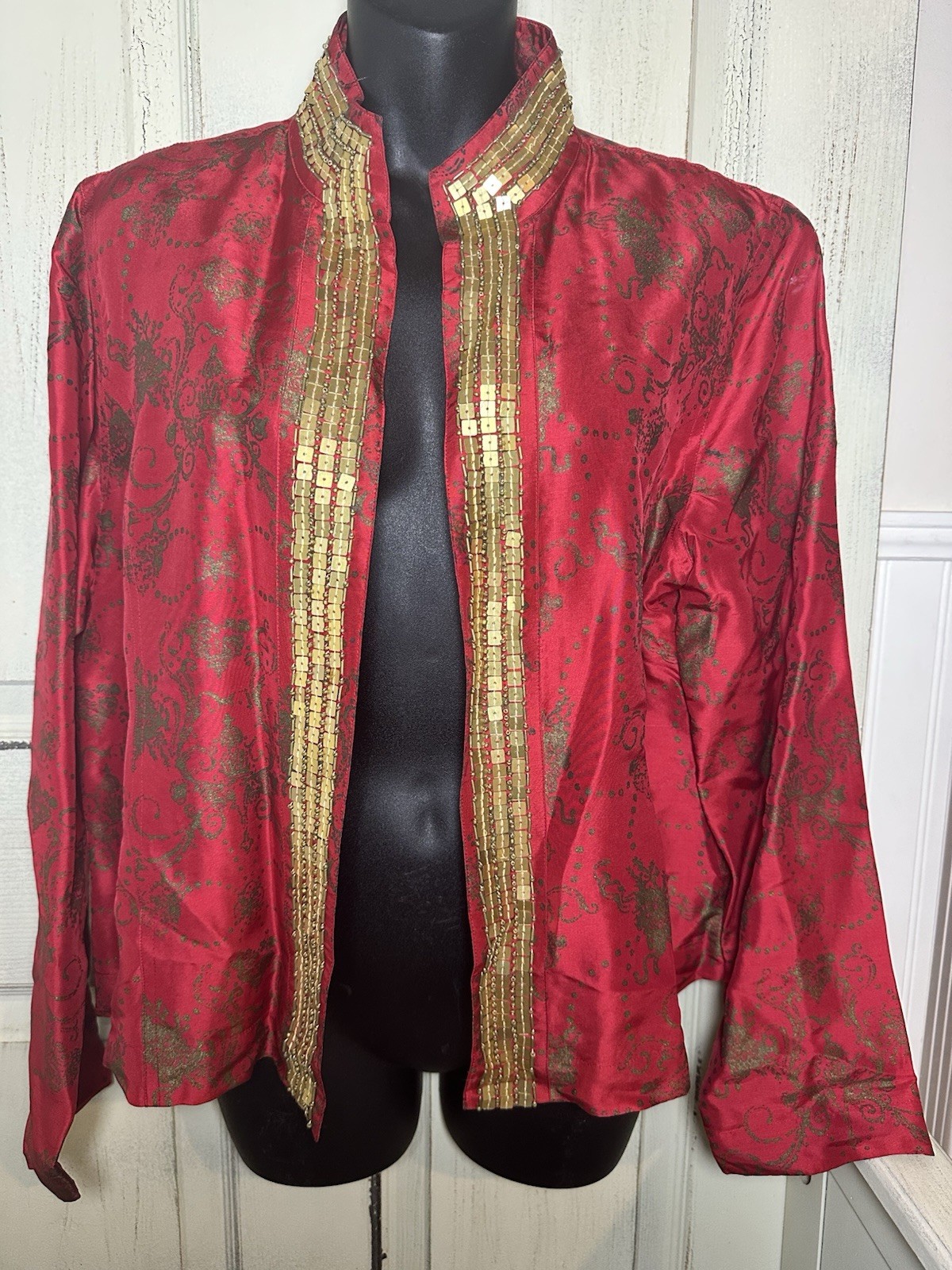 Chico’s Red & Gold Silk Embellished Lined Open Front Asian Style Jacket Sz 2