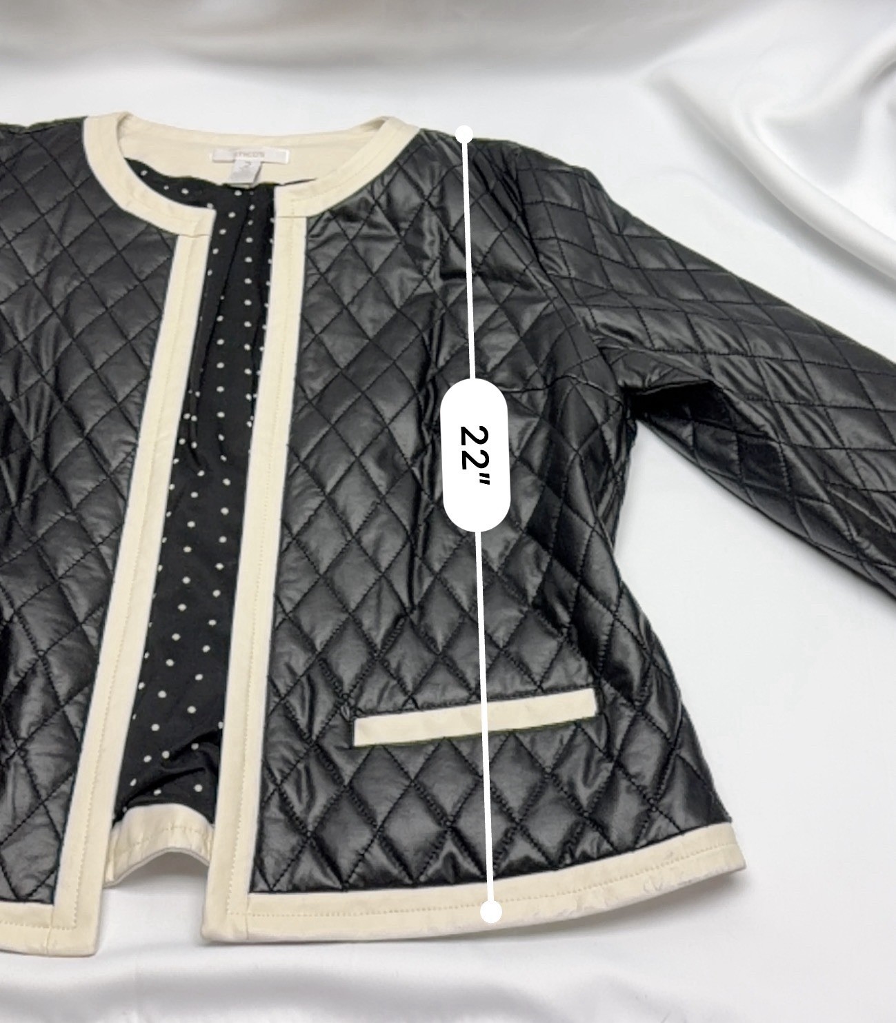 Chico’s Quilted Jacket Size 2 Black Faux Leather Trim Open Front Polka Dot
