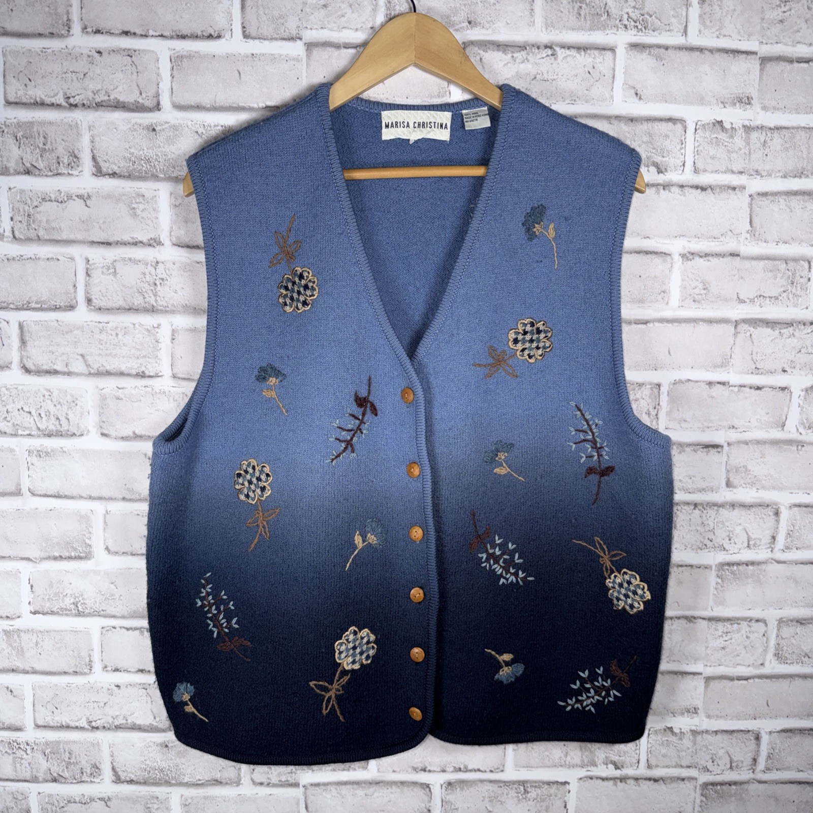 Marisa Christina 100% Wool Vest Blue Spring Fall Patchwork Vintage Women’s XL