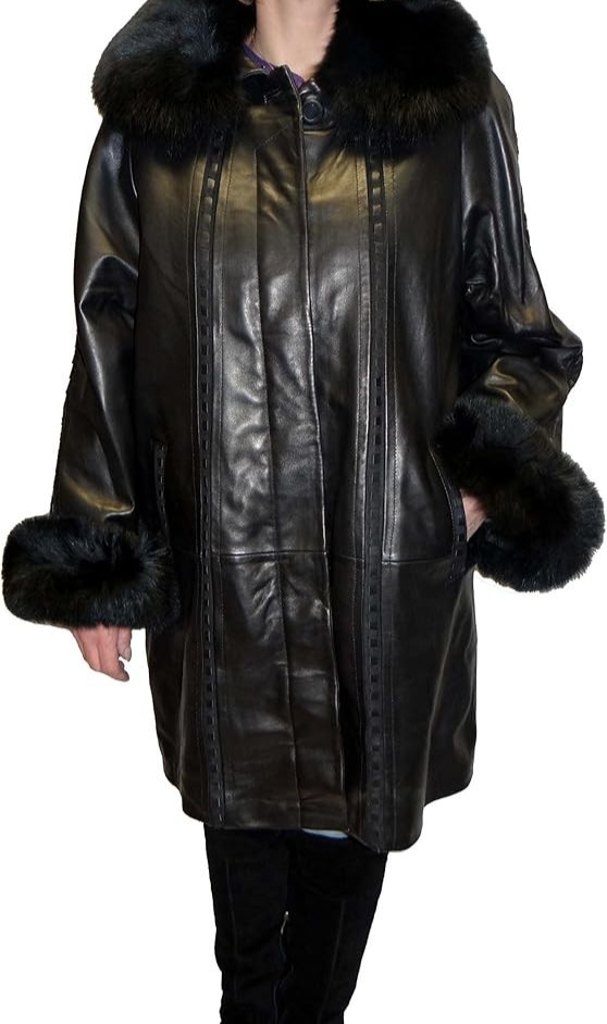 KNOLES & CARTER Black Lambskin Leather Coat Fur Collar Braided Suede Trim Size L
