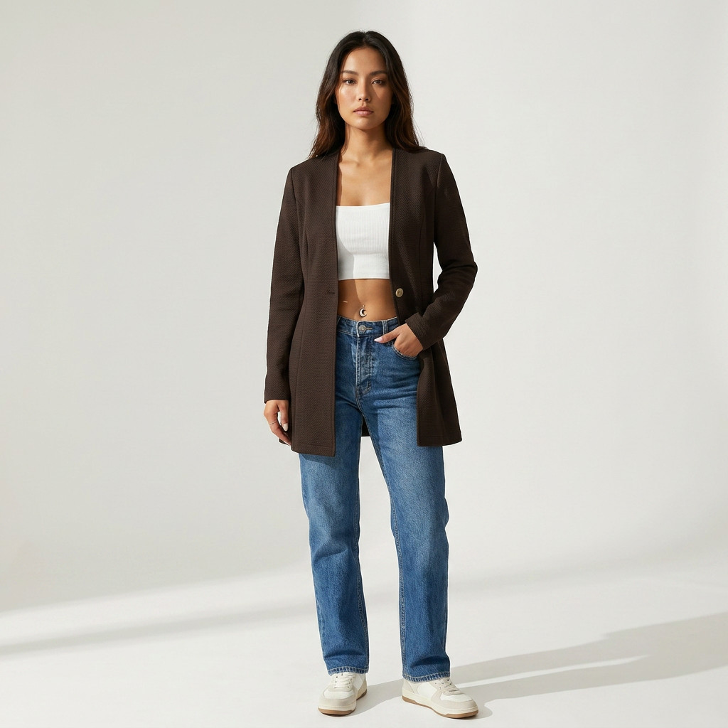 Textured Knit Single-Button Longline Blazer
