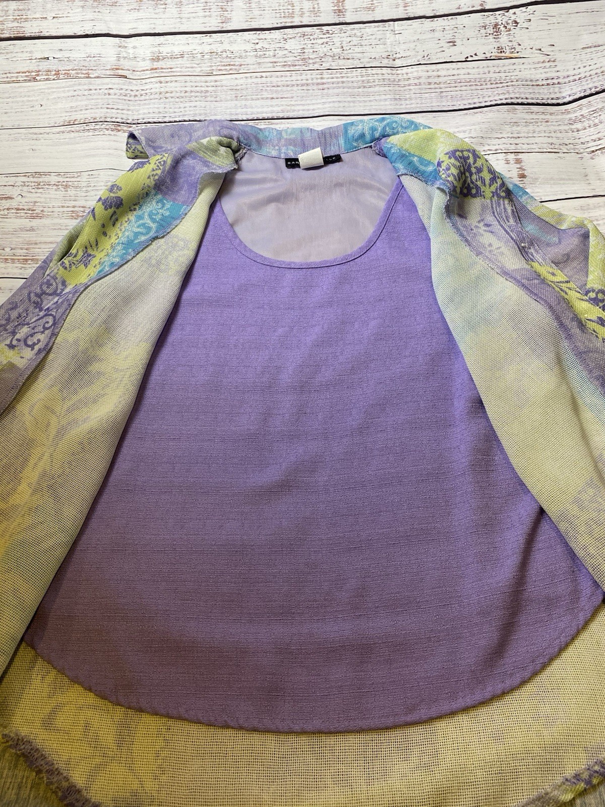 Sara Michelle Open Front Collared Patchwork Jacket Women S Purple Green Blue