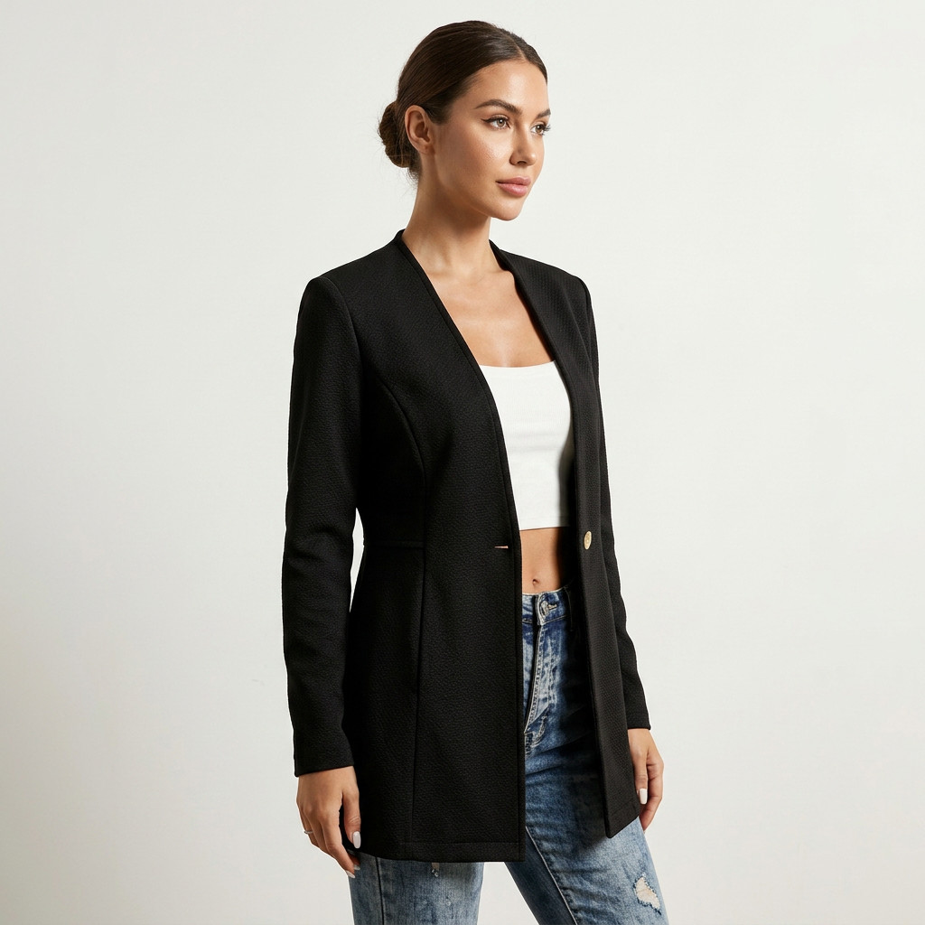 Textured Knit Single-Button Longline Blazer