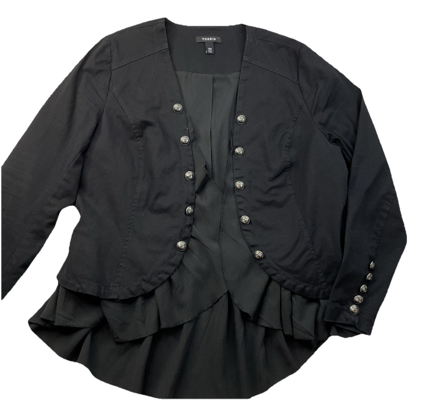 Torrid Jacket Women Sz 00 Military Style Open Front Peplum Ruffle Back Goth Chic